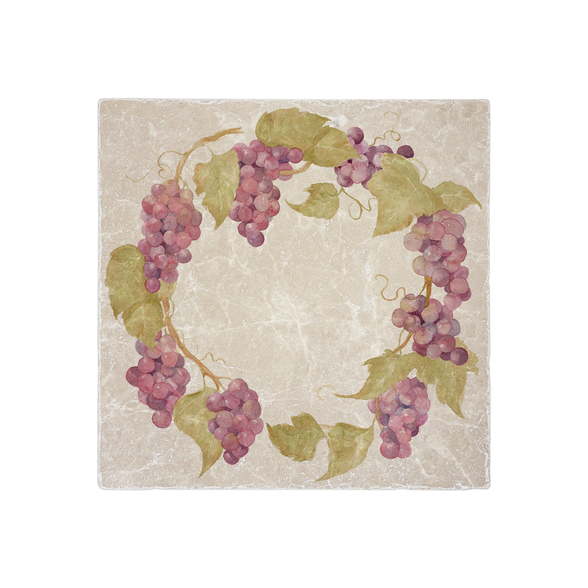 A medium square multipurpose marble platter, featuring a watercolour grape vine wreath design.