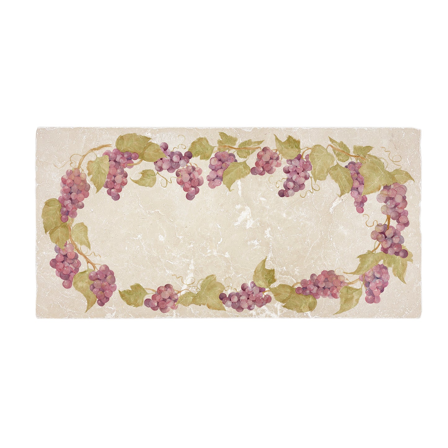 A rectangular marble sharing platter, featuring a watercolour grape vine wreath design that frames the platter.