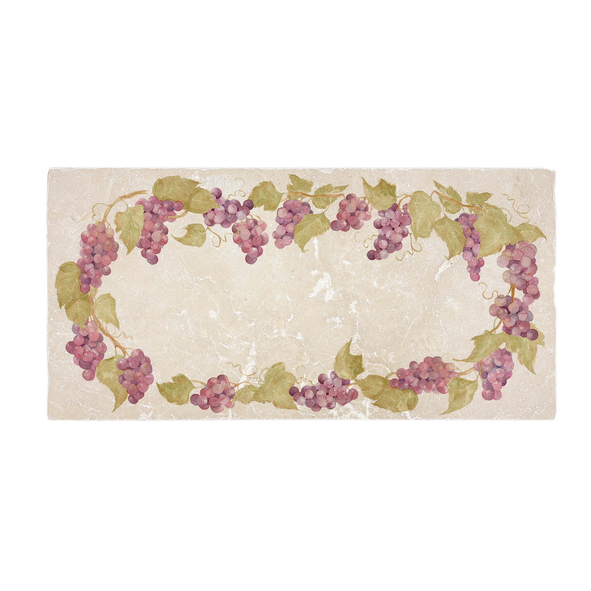 A rectangular marble sharing platter, featuring a watercolour grape vine wreath design that frames the platter.