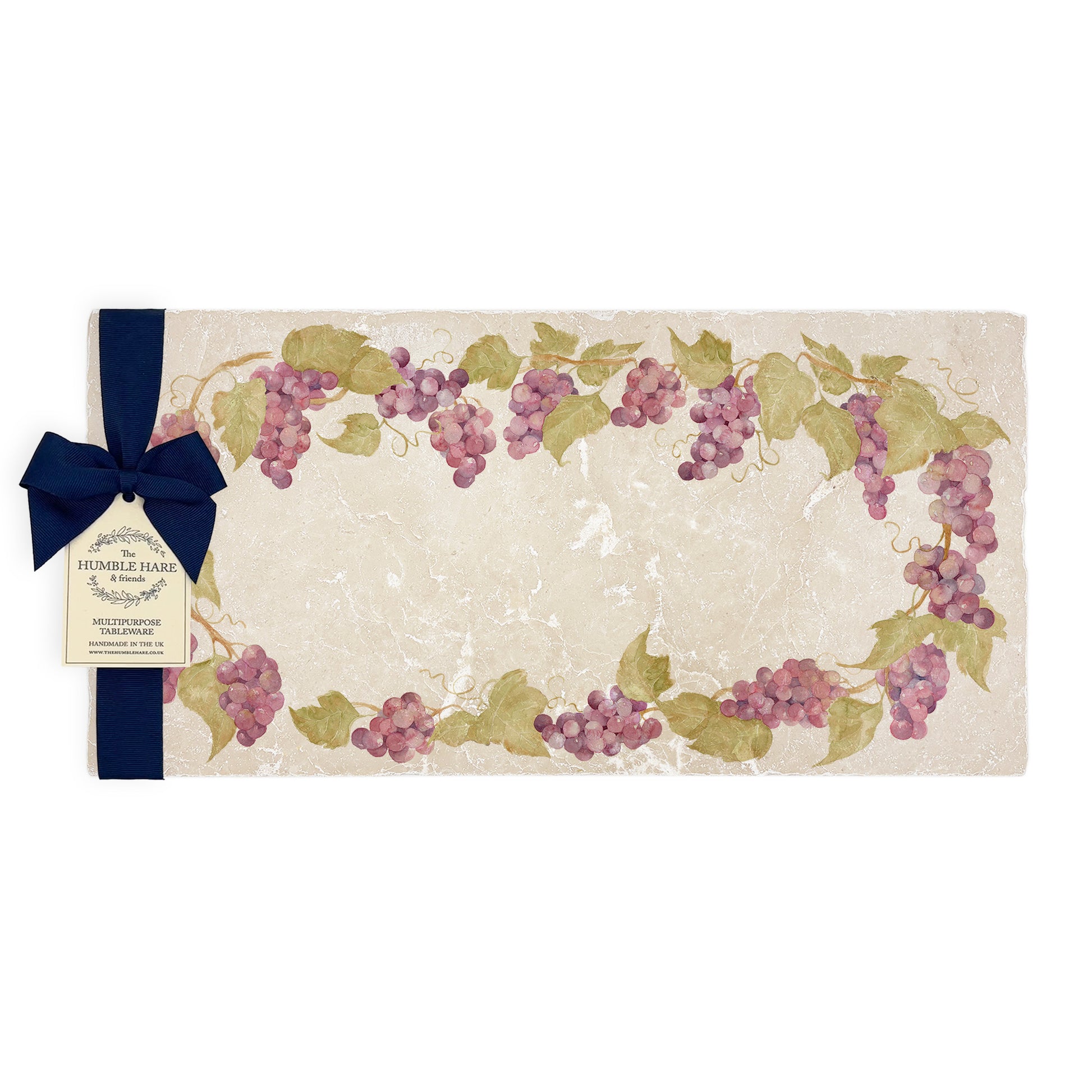 A multipurpose marble sharing platter with a watercolour grape vine wreath design, packaged with a luxurious dark blue bow and branded gift tag.