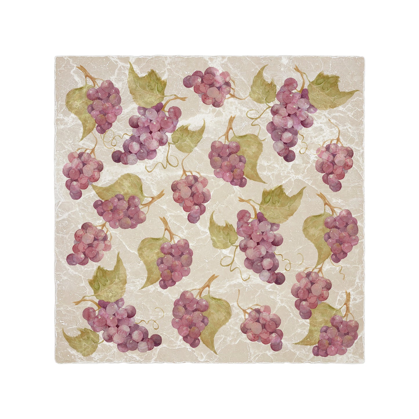A handmade cream marble 30.5x30.5cm wall tile with a maximalist watercolour grape vine pattern.