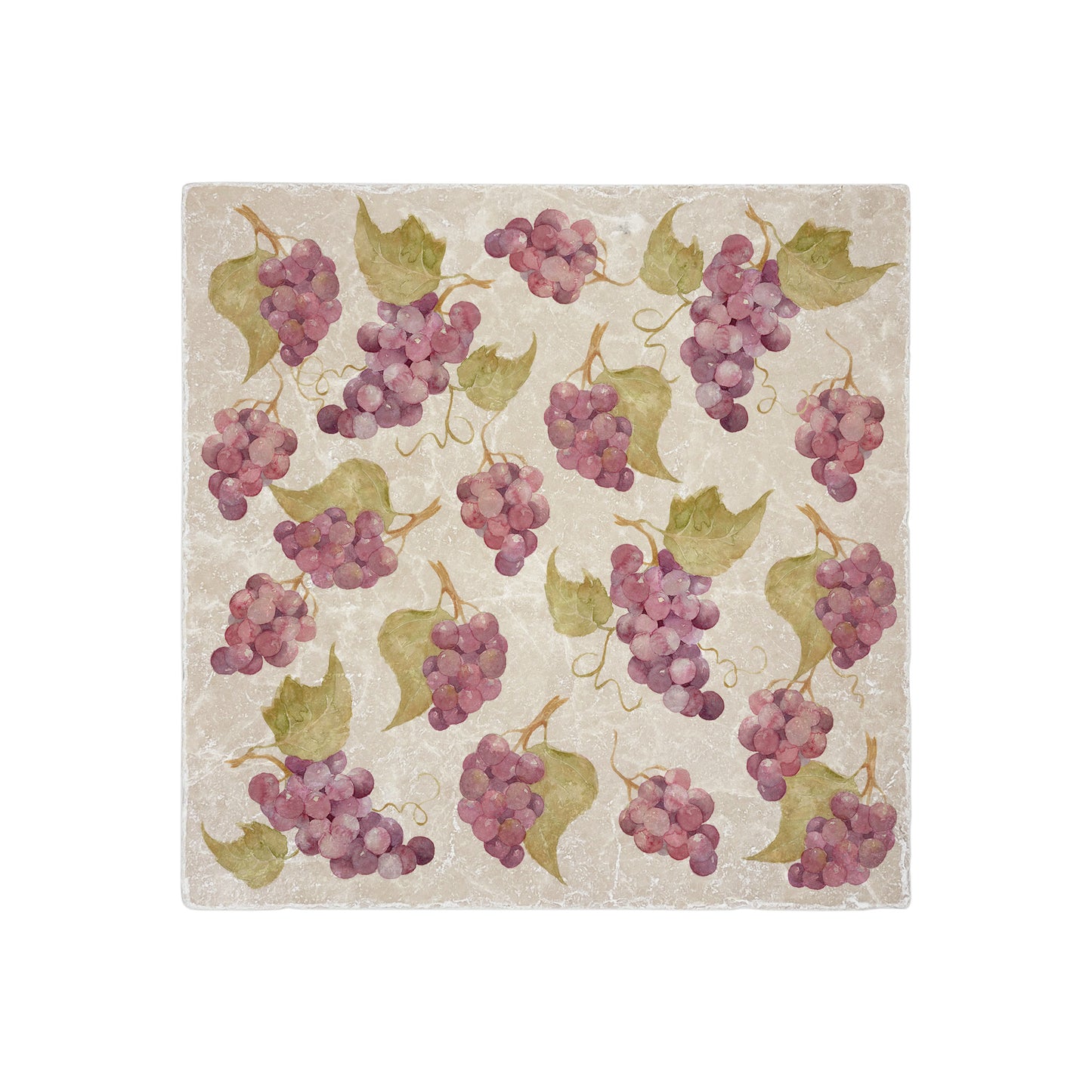 A cream marble 20x20cm wall tile with a maximalist watercolour grape pattern.