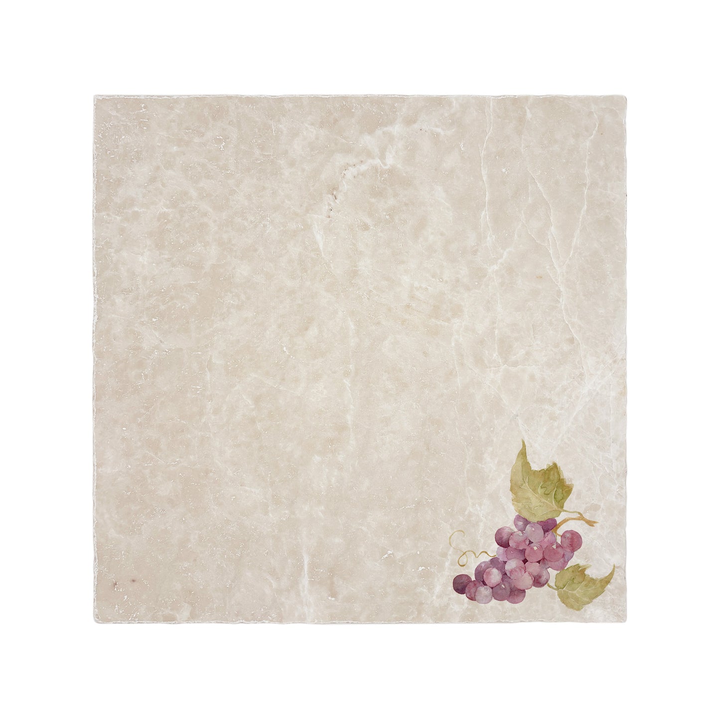 A cream marble 30.5x30.5cm wall tile with a minimalistic watercolour bunch of grapes design.