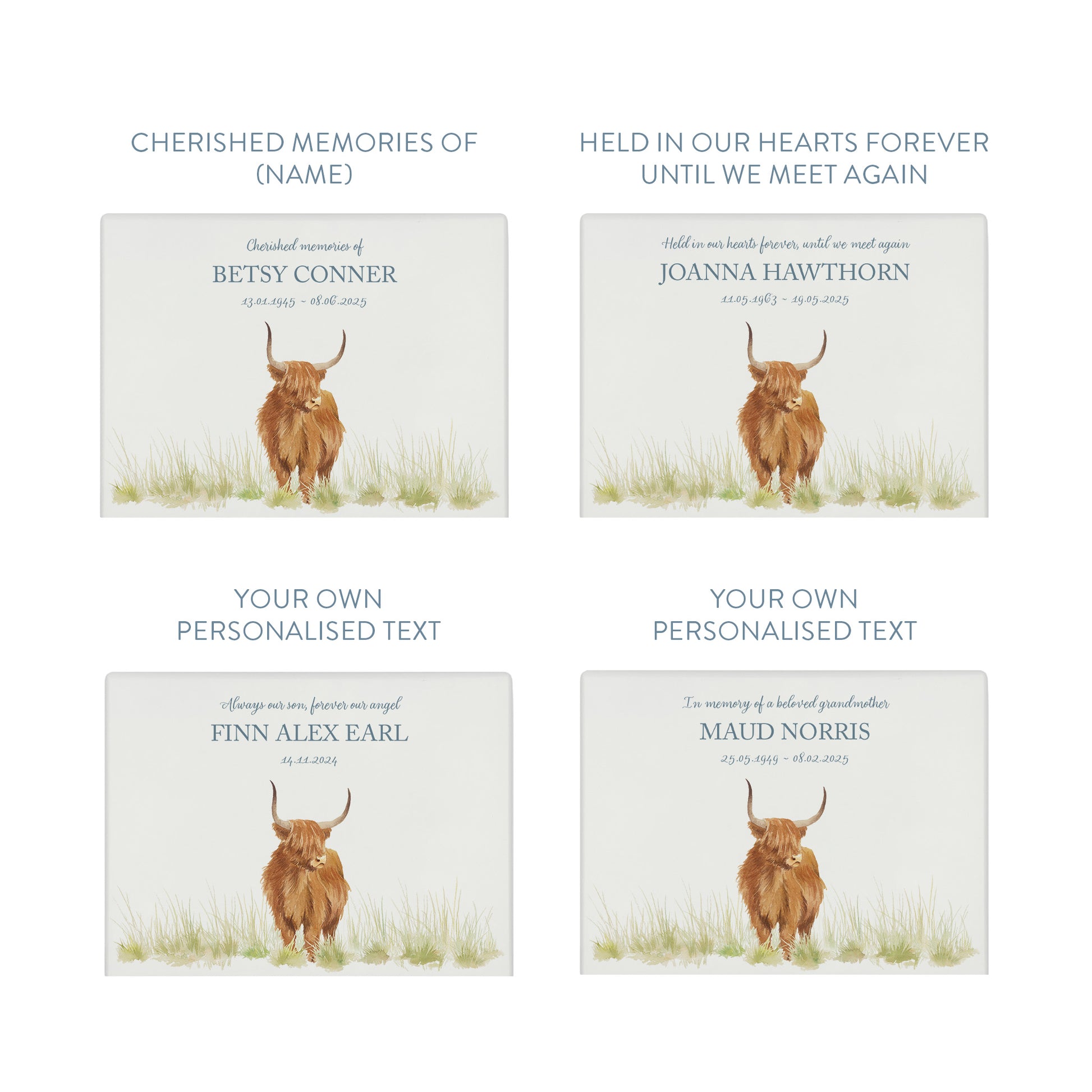 Luxury solid wooden white painted Highland Cow watercolour illustration our urns and Caskets for displaying or burying ashes. Customisable and can be personalised. Perfect funeral memory keepsake urn, for storing ashes for humans and pets