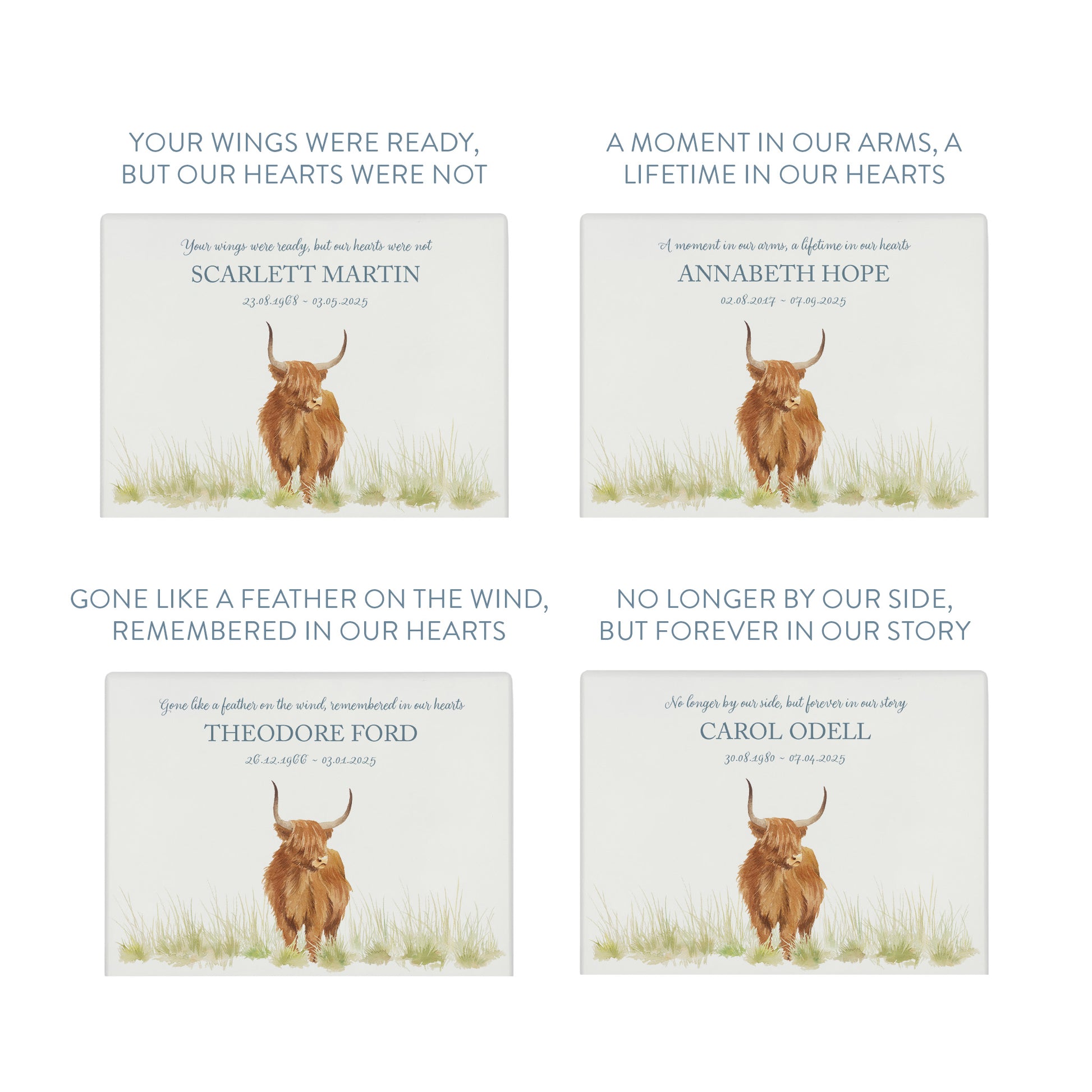 Luxury solid wooden white painted Highland Cow watercolour illustration our urns and Caskets for displaying or burying ashes. Customisable and can be personalised. Perfect funeral memory keepsake urn, for storing ashes for humans and pets