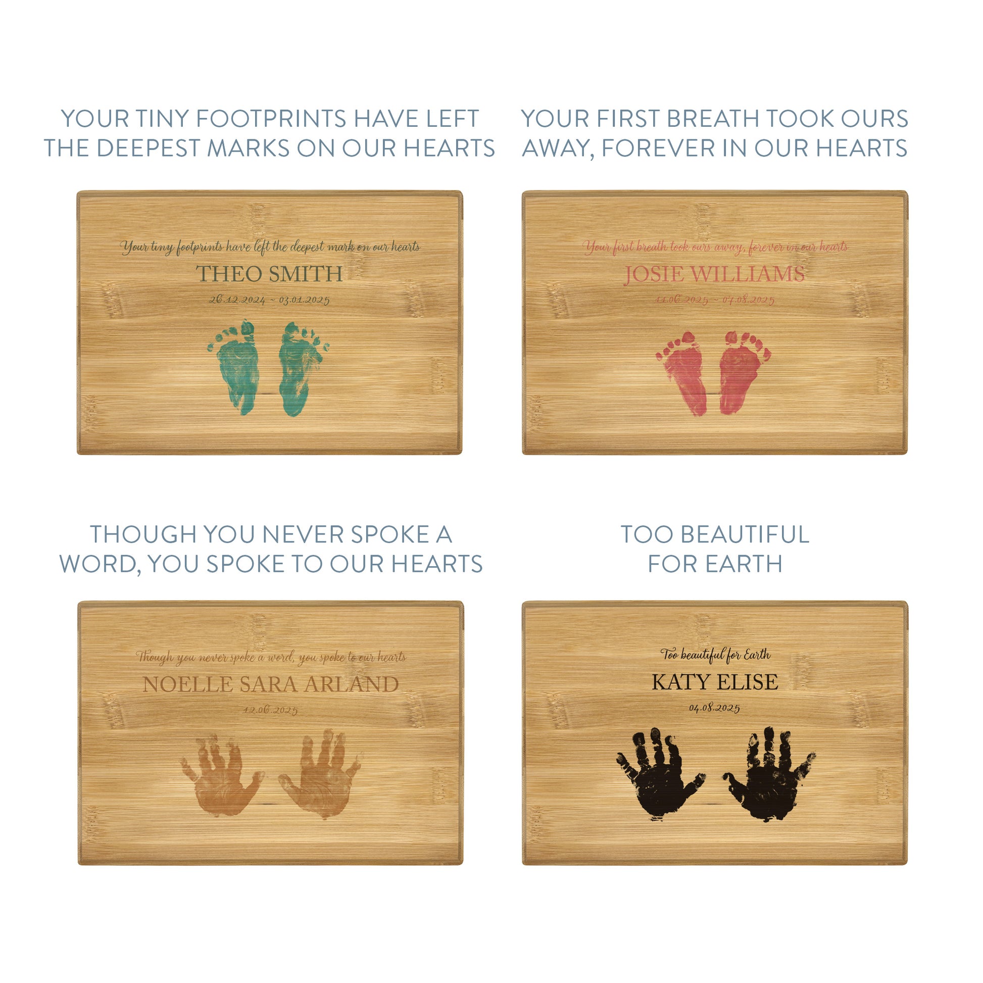 A beautifully crafted solid Bamboo wooden urn, personalised and finished with a soft watercolour design of a child's hand and footprints available in several colours. Thoughtfully made for either display or burial, this personalised urn can be customised to create a meaningful memorial. Perfect for holding ashes of a loved one or a beloved pet, it serves as a comforting tribute and keepsake. Coping with the loss of a child and keeping their memory alive.