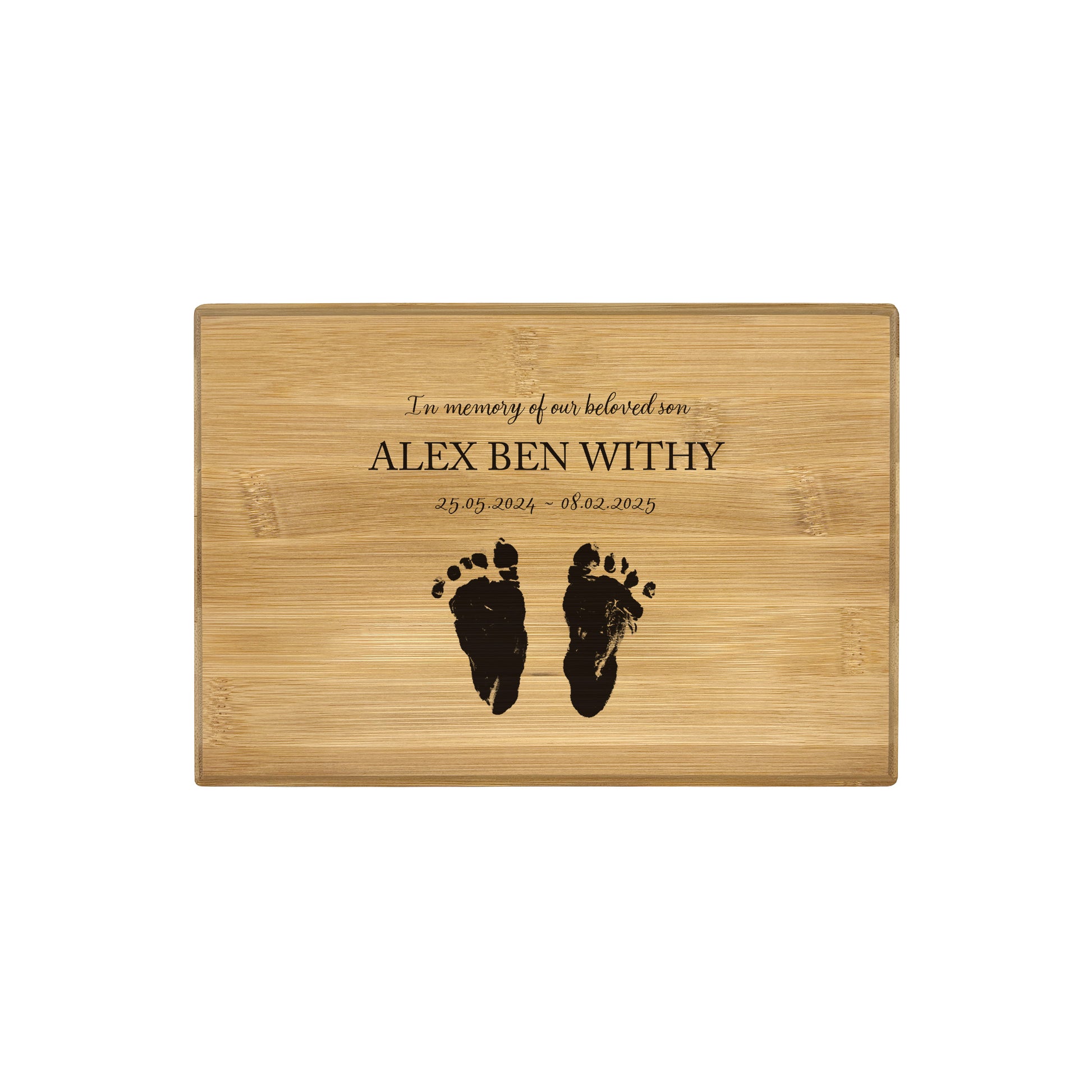 A beautifully crafted solid Bamboo wooden urn, personalised and finished with a soft watercolour design of a child's hand and footprints available in several colours. Thoughtfully made for either display or burial, this personalised urn can be customised to create a meaningful memorial. Perfect for holding ashes of a loved one or a beloved pet, it serves as a comforting tribute and keepsake. Coping with the loss of a child and keeping their memory alive.