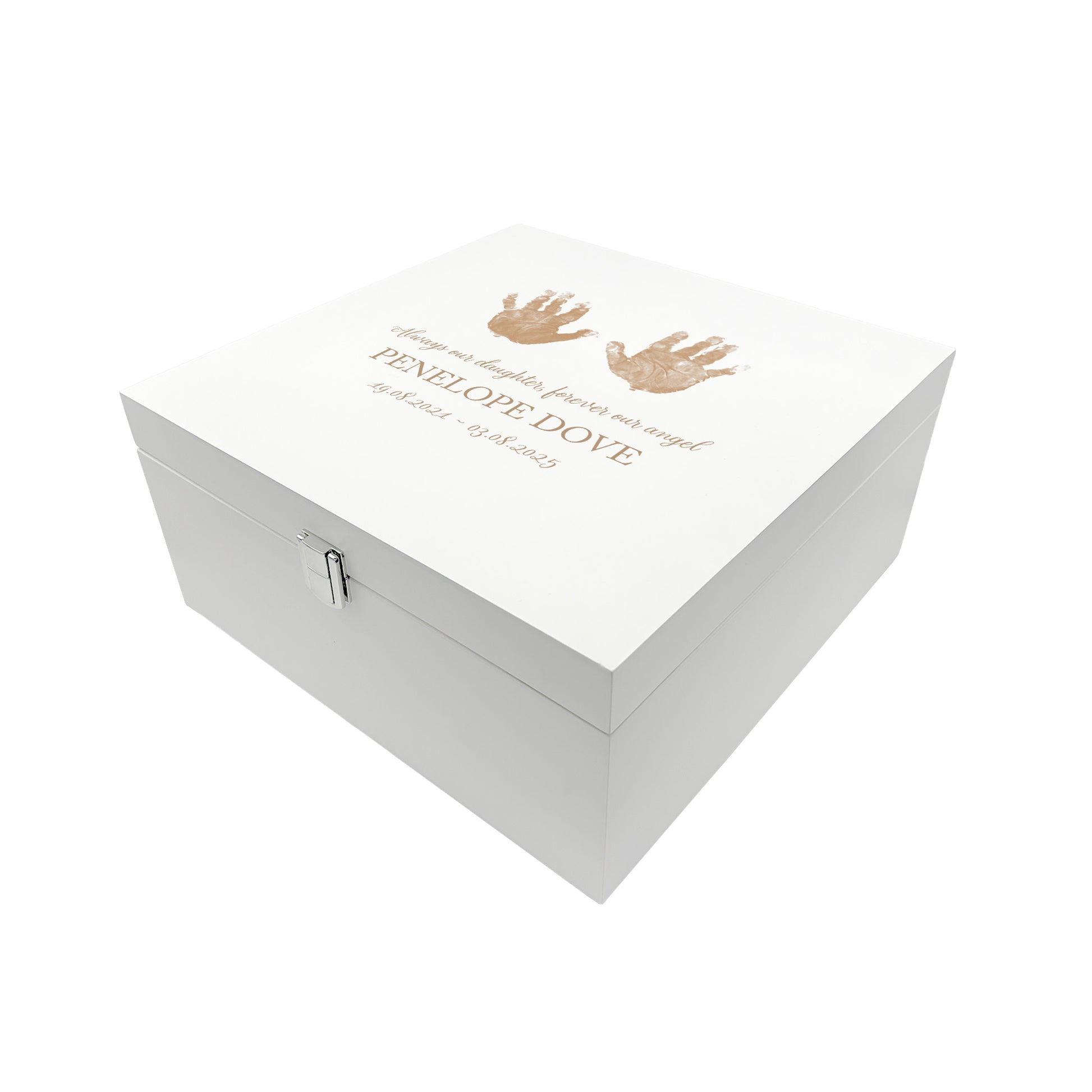 White Square personalised Wooden box with a decorative lid featuring illustrations of children's and baby hand and foot prints. Customisable for the customer to personalise with their own handprints, Perfect funeral memory keepsake box, for storing ashes, order of service, flowers and capturing your loved ones things in one place.