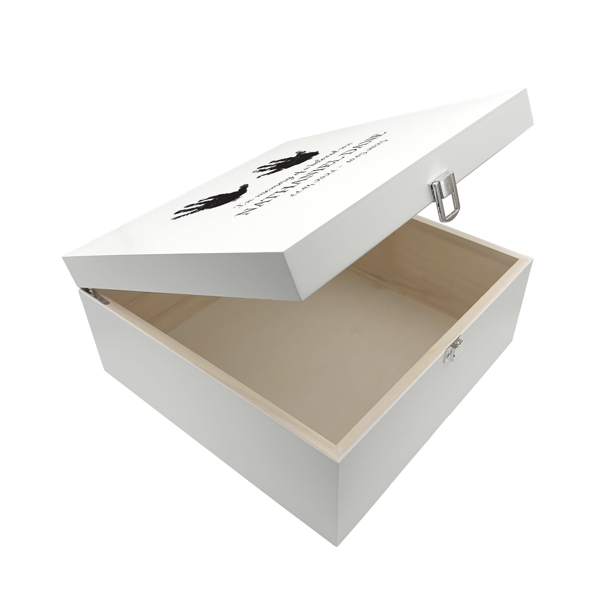 White Square personalised Wooden box with a decorative lid featuring illustrations of children's and baby hand and foot prints. Customisable for the customer to personalise with their own handprints, Perfect funeral memory keepsake box, for storing ashes, order of service, flowers and capturing your loved ones things in one place.