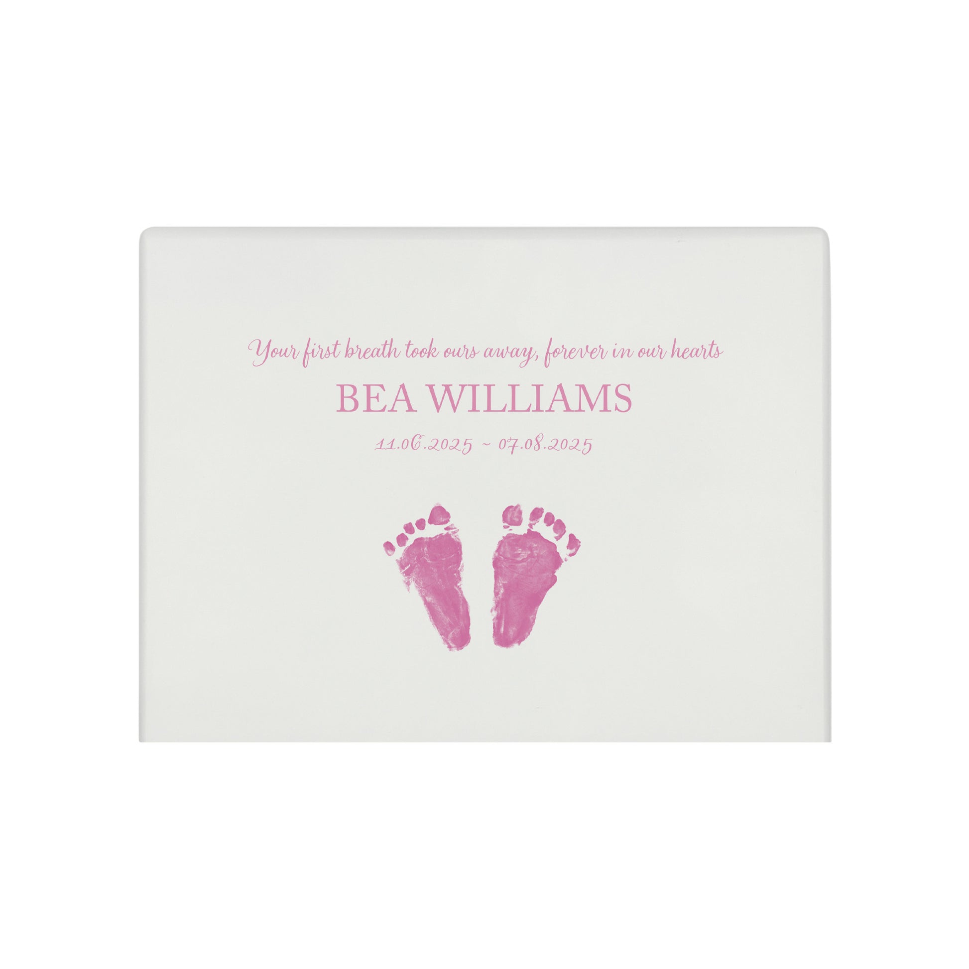 A beautifully crafted solid wooden urn, finished in white with a soft watercolour design of baby's handprints and footprints, Thoughtfully made for either display or burial, this personalised urn can be customised to create a meaningful memorial. Perfect for holding ashes of a loved one or a beloved pet, it serves as a comforting tribute and keepsake. Helping with baby loss