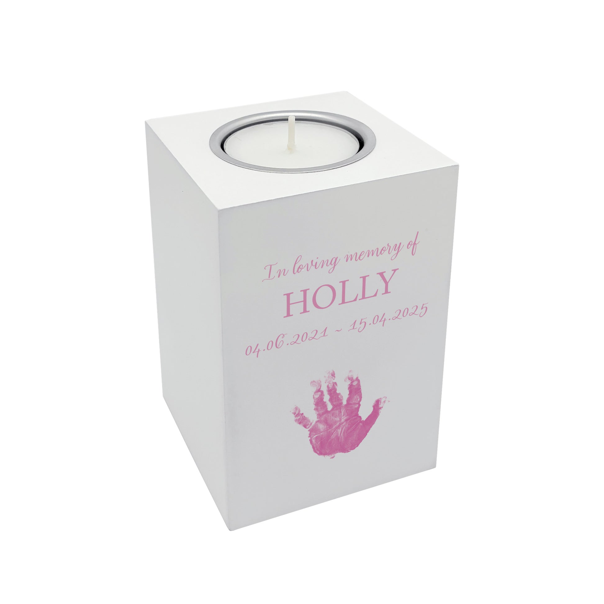 A beautifully crafted wooden tealight holder, finished in white with a soft watercolour design of baby's handprints and footprints, Thoughtfully made for display and to light in memory of a loved one this personalised tealight hold/candle can be customised to create a meaningful memorial.  it serves as a comforting tribute and keepsake. Helping with baby loss