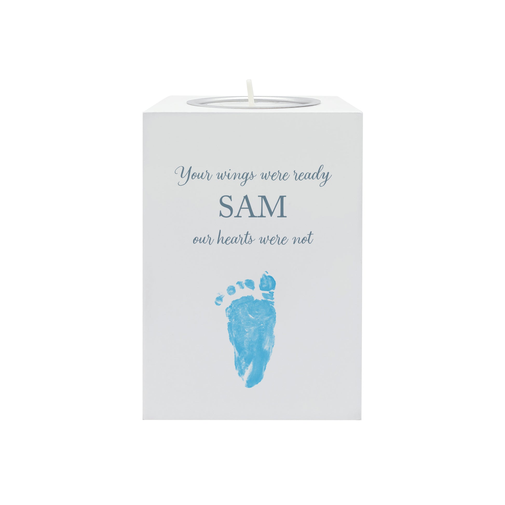 A beautifully crafted wooden tealight holder, finished in white with a soft watercolour design of baby's handprints and footprints, Thoughtfully made for display and to light in memory of a loved one this personalised tealight hold/candle can be customised to create a meaningful memorial.  it serves as a comforting tribute and keepsake. Helping with baby loss