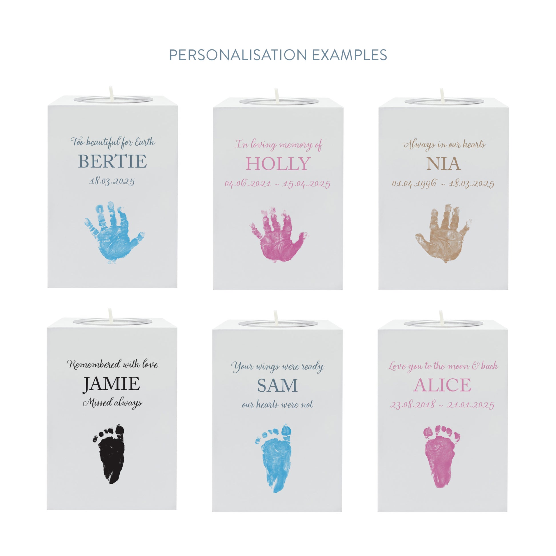 A beautifully crafted wooden tealight holder, finished in white with a soft watercolour design of baby's handprints and footprints, Thoughtfully made for display and to light in memory of a loved one this personalised tealight hold/candle can be customised to create a meaningful memorial.  it serves as a comforting tribute and keepsake. Helping with baby loss