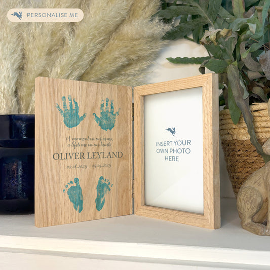 Memorial Solid Oak Photo Frame, personalise with your own message or select from our drop down selection. handmade watercolour paintings, this design features child/Baby hand and footprints , available in various colours- Copy with baby loss