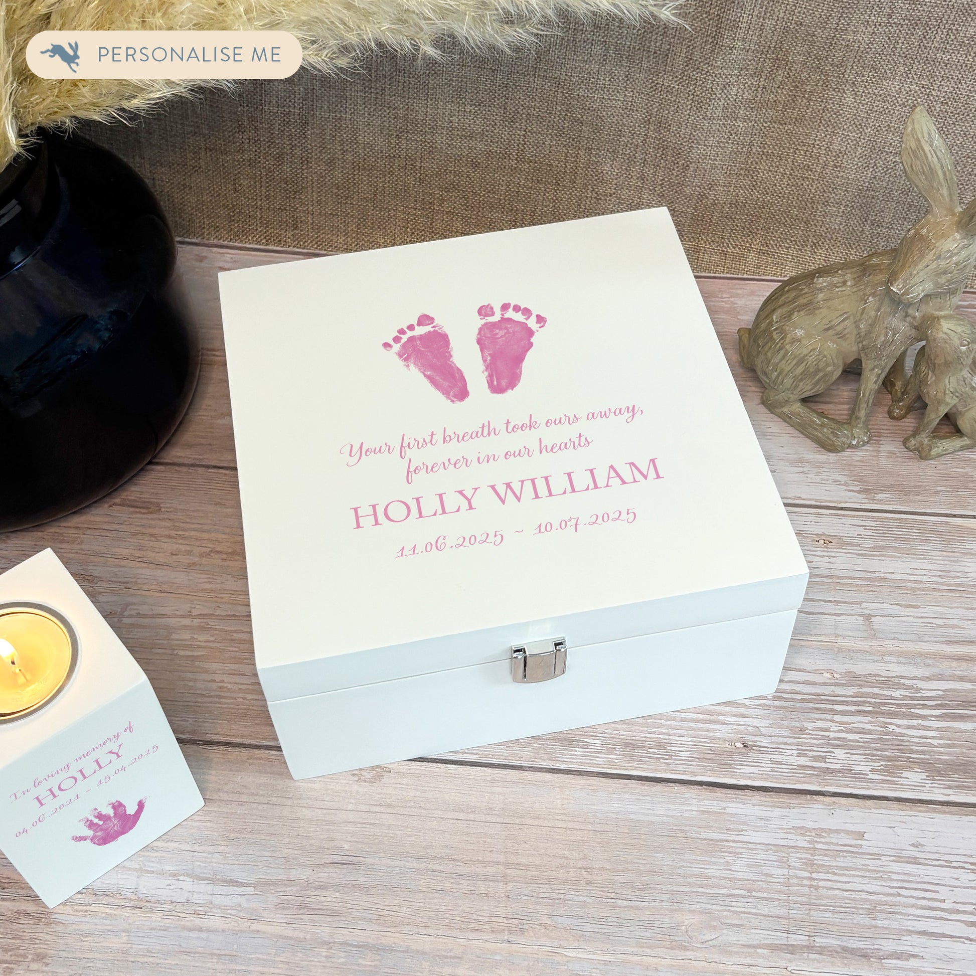 White Square personalised Wooden box with a decorative lid featuring illustrations of children's and baby hand and foot prints. Customisable for the customer to personalise with their own handprints, Perfect funeral memory keepsake box, for storing ashes, order of service, flowers and capturing your loved ones things in one place.
