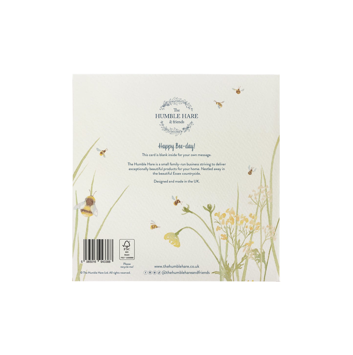 The back of a greetings card showing that the watercolour bee design wraps around onto the back of the card. The back of the card shows The Humble Hare logo and that the card is FSC certified.