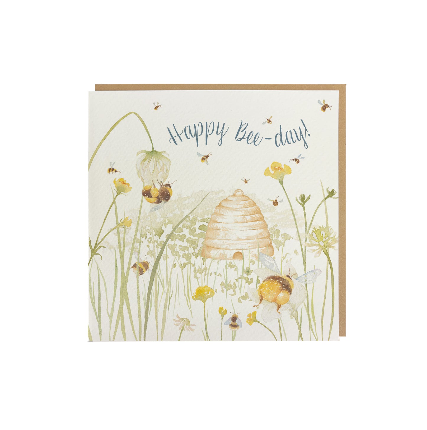 A greetings card reading Happy Bee-day in dark blue text above a buttercup meadow full of bees around a traditional bee hive in a watercolour style. The card has a recyclable brown kraft envelope behind it.