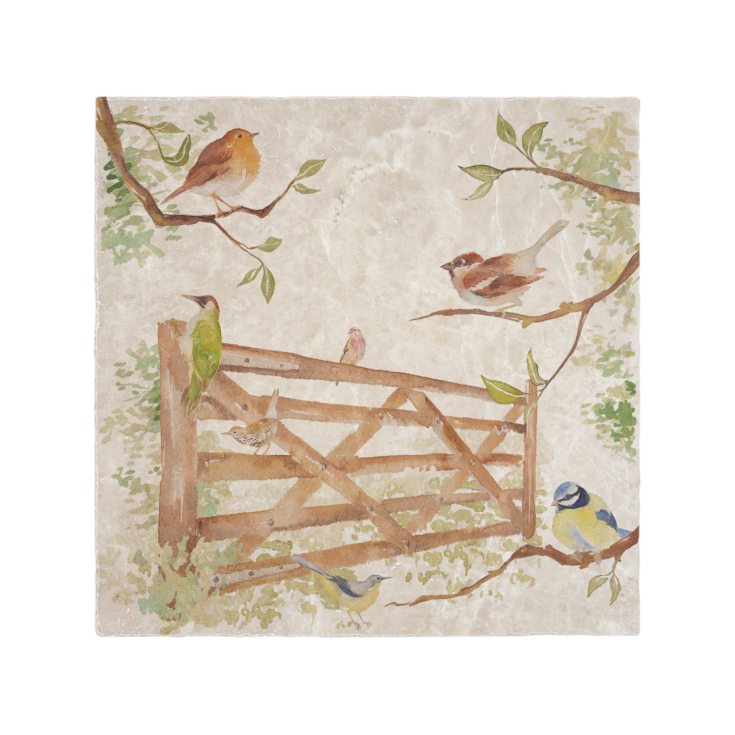 A handmade square cream marble splashback tile featuring a watercolour countryside animal design of garden birds surrounding a paddock gate.