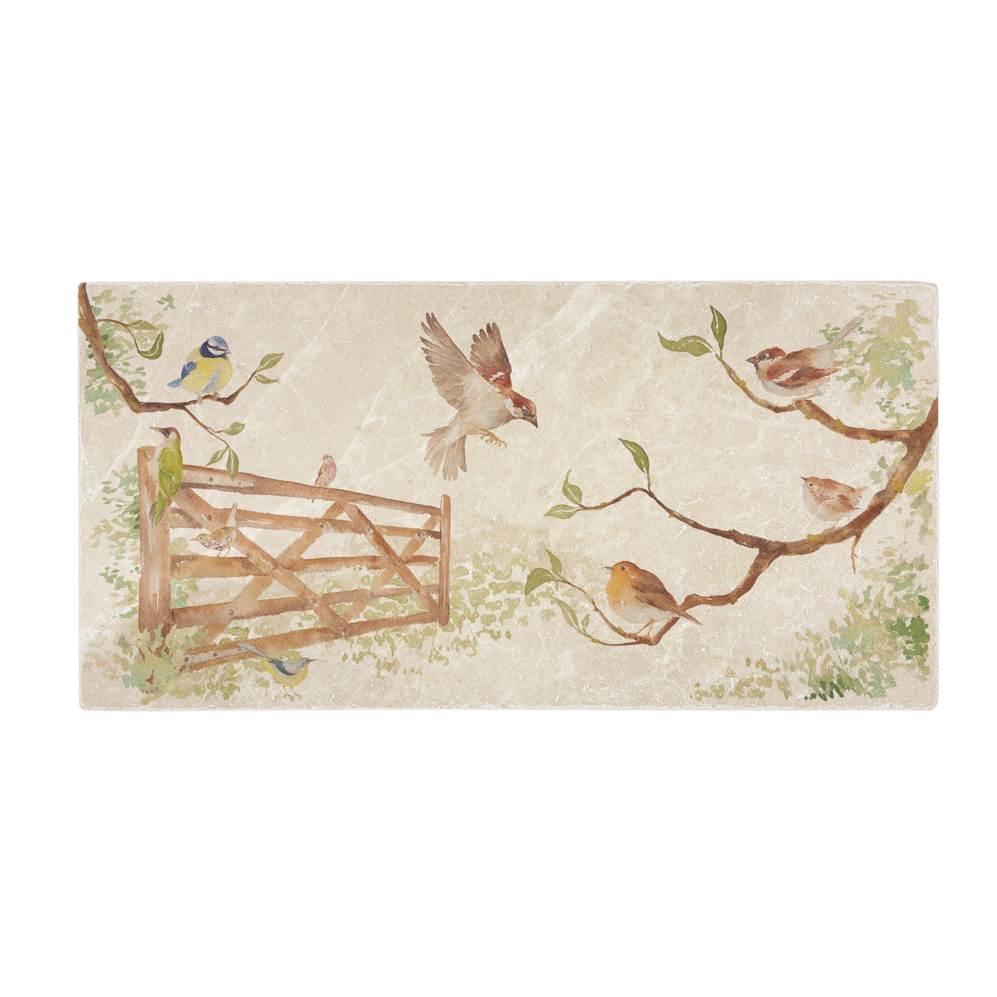 A multipurpose marble sharing platter, featuring a watercolour design of British garden birds in the hedgerow around the paddock gate.