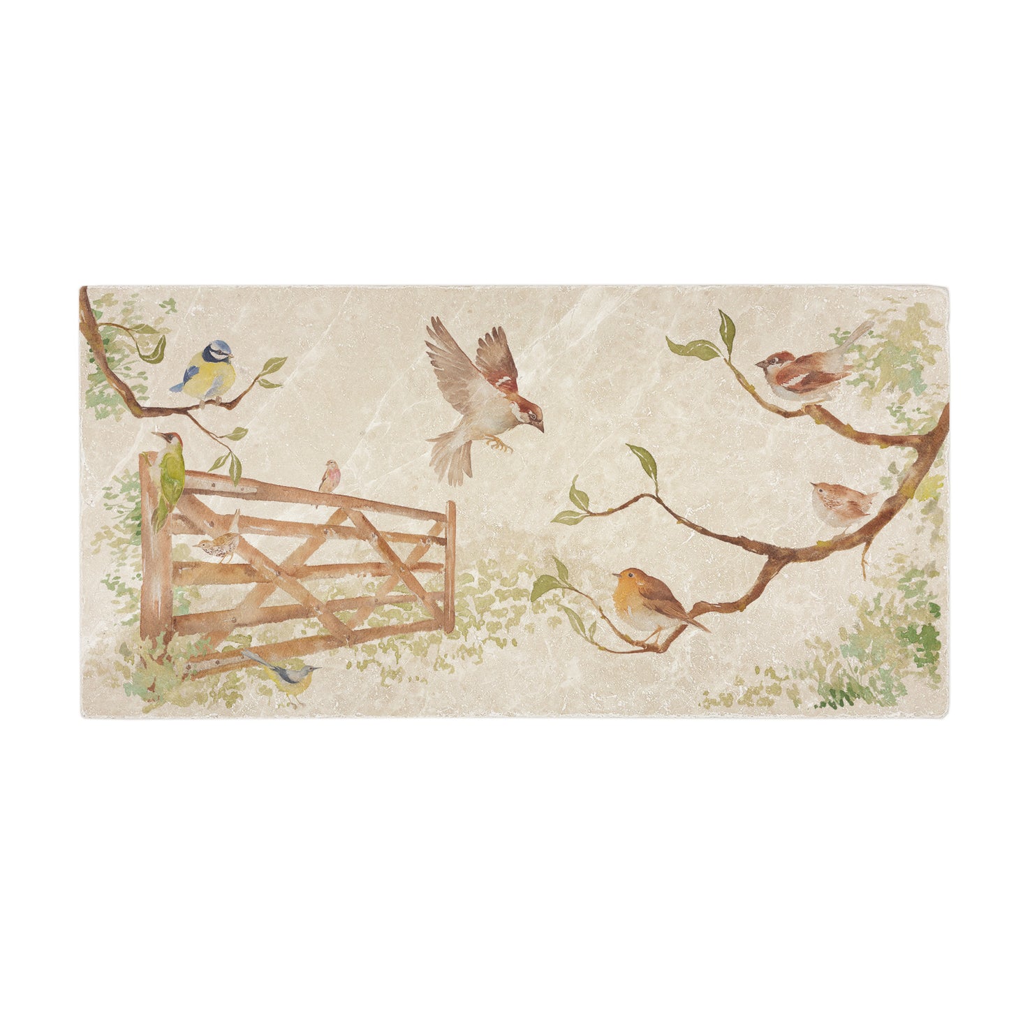 A handmade rectangle cream marble splashback tile featuring a watercolour countryside animal design of garden birds surrounding a paddock gate.