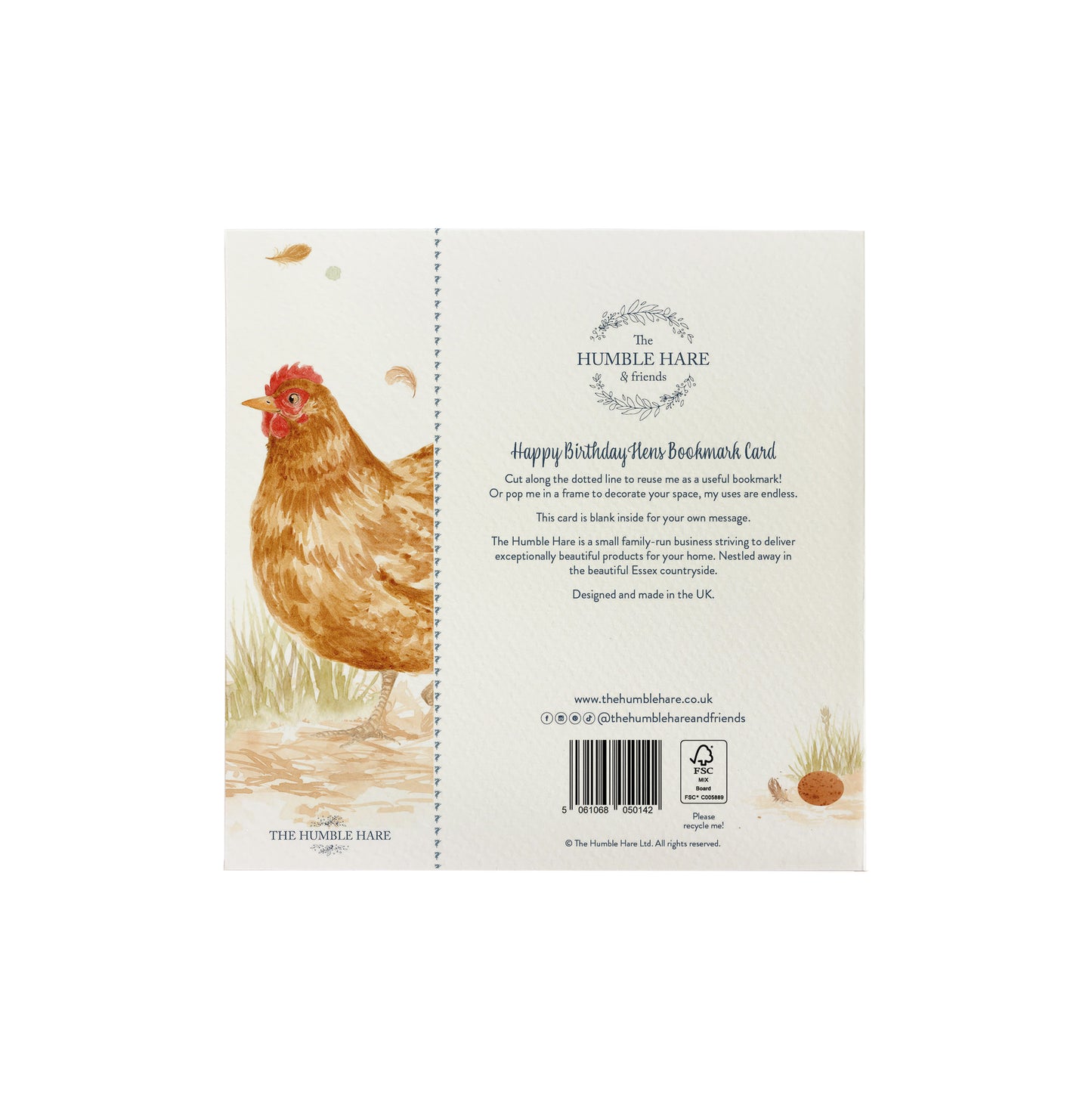 The back of a bookmark greetings card featuring a chicken in a watercolour style. The back of the card shows The Humble Hare logo and that the card is FSC certified.