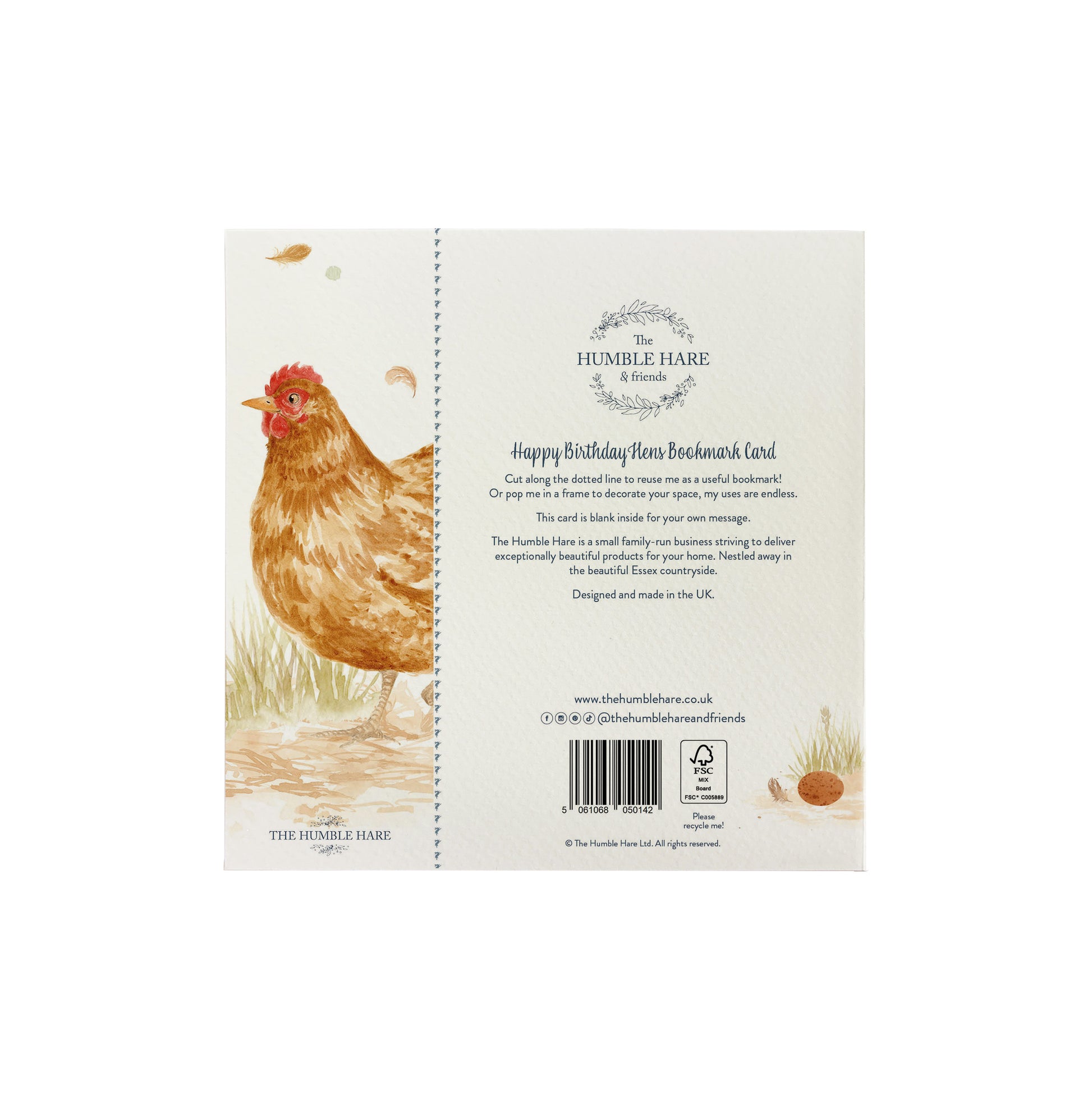 The back of a bookmark greetings card featuring a chicken in a watercolour style. The back of the card shows The Humble Hare logo and that the card is FSC certified.