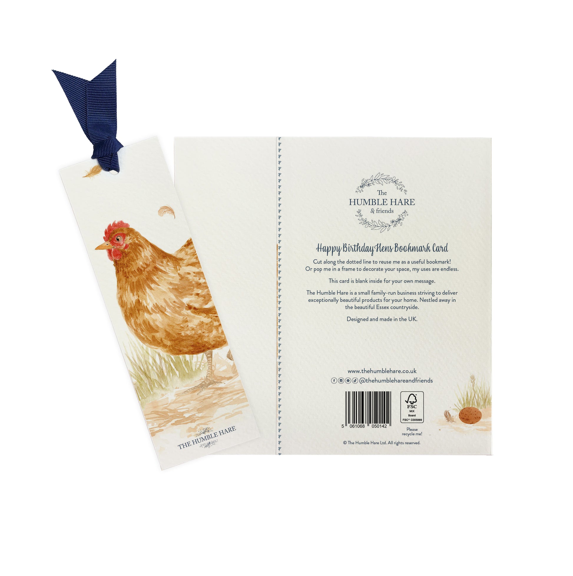 The back of a greetings card showing that it can be reused as a bookmark featuring a golden hen in a watercolour style.