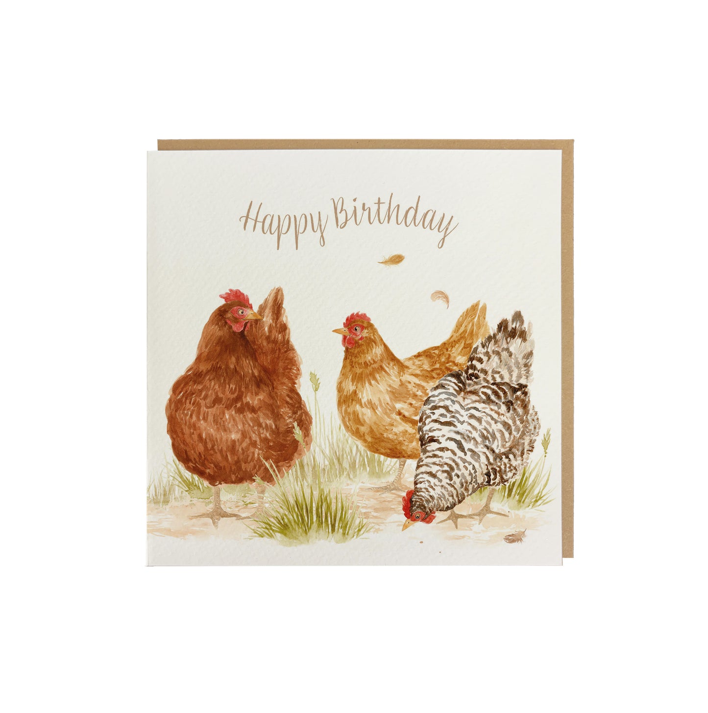 A bookmark greetings card with a watercolour design of three hens that reads 'Happy Birthday'. The card is supplied with a brown kraft envelope.