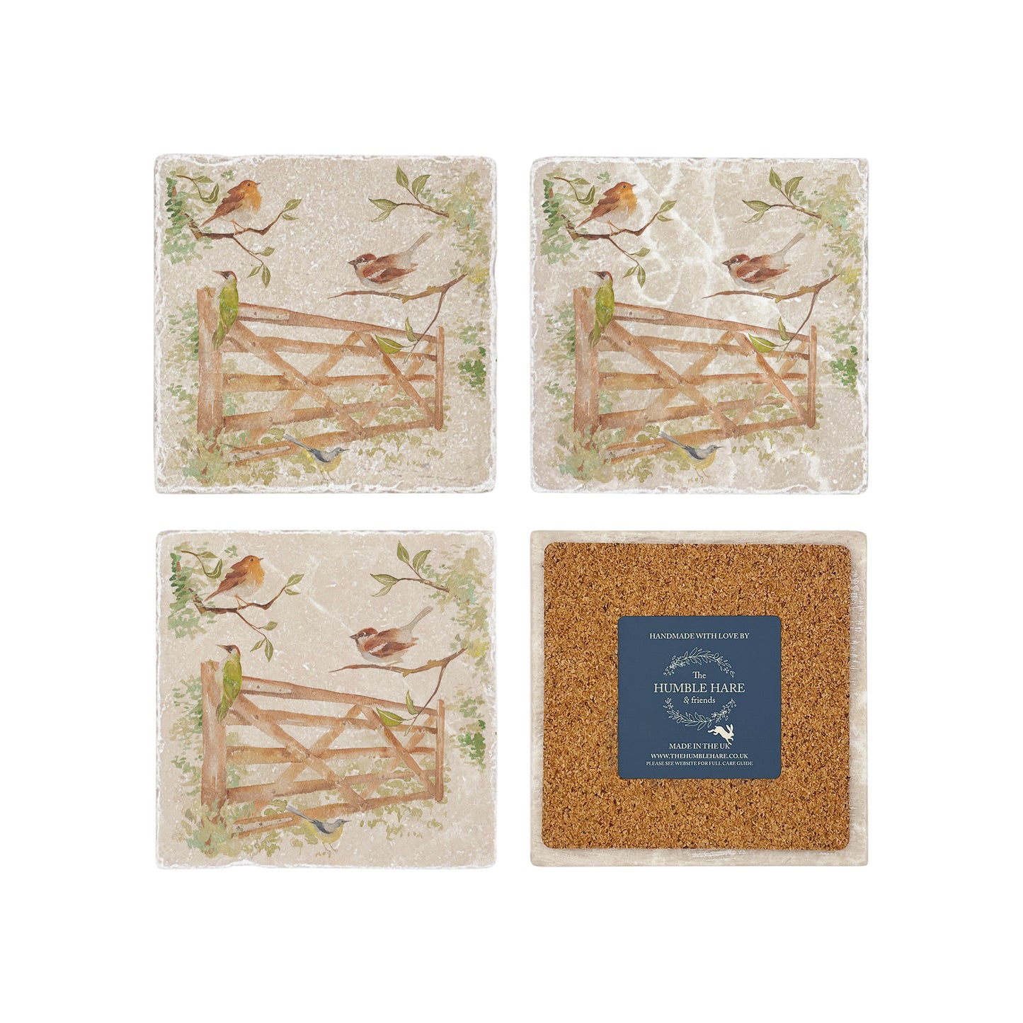 A set of four square marble coasters, featuring a watercolour design of British garden birds in the hedgerow around the paddock gate. One coaster is flipped to show that the coasters are backed with cork.
