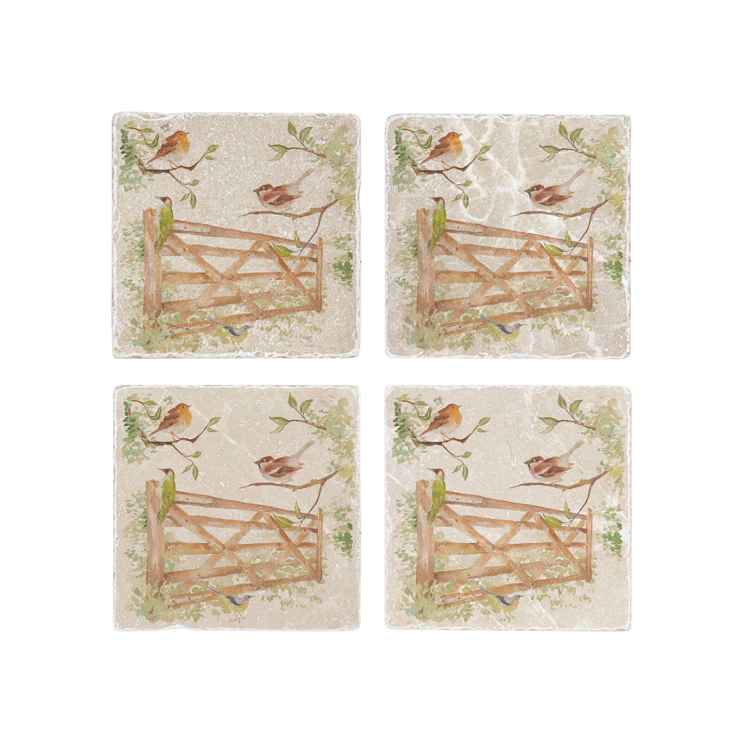 A set of 4 square marble coasters, featuring a watercolour design of British garden birds in the hedgerow around a paddock gate.
