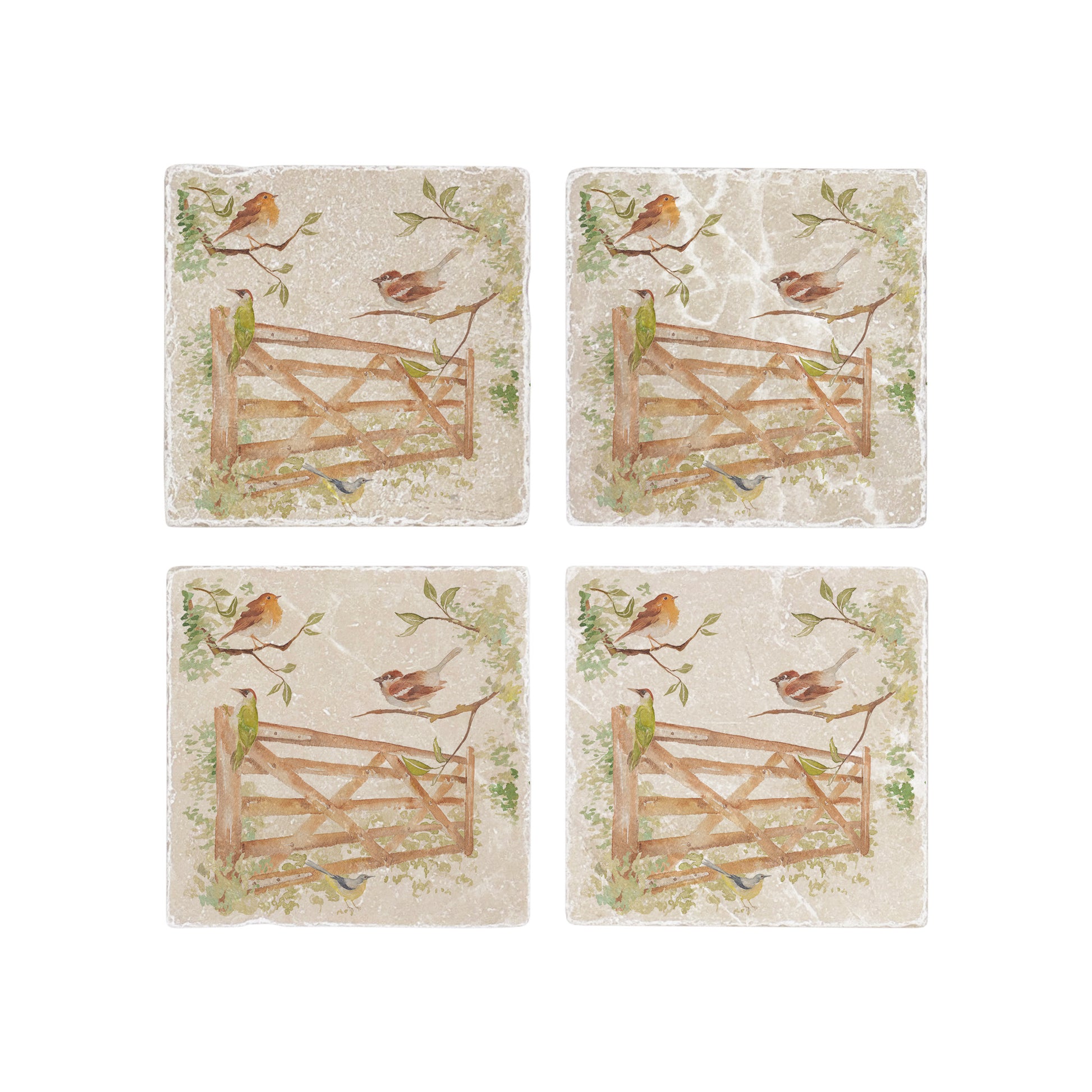 A set of 4 square marble coasters, featuring a watercolour design of British garden birds in the hedgerow around a paddock gate.