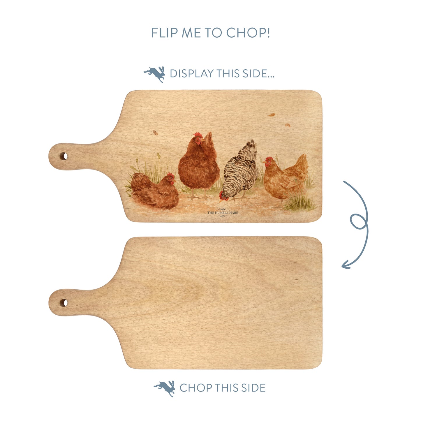 Handmade paddle board in Beech wood, featuring a water colour Hen design with a hand tied luxury blue ribbon. perfect chopping board, charcuterie board, serving board and chopping board.