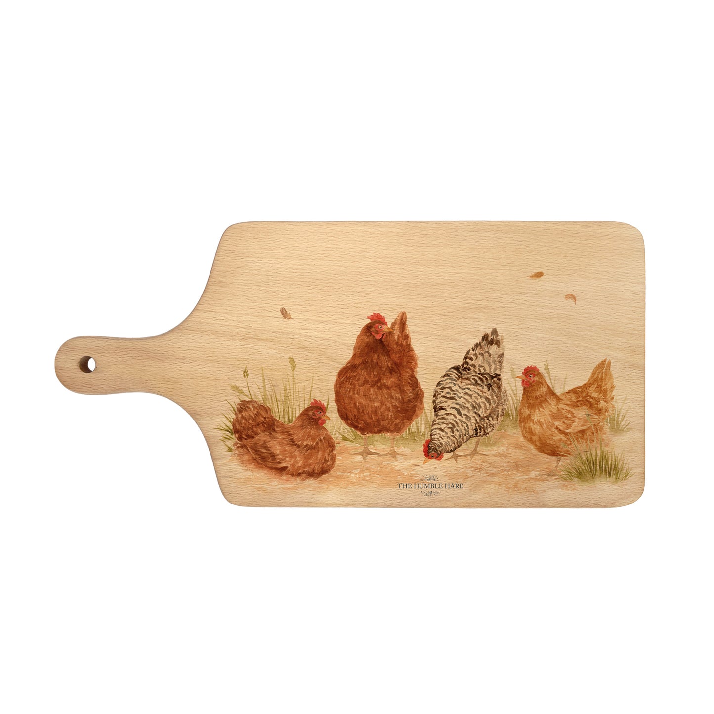 Handmade paddle board in Beech wood, featuring a water colour Hen design with a hand tied luxury blue ribbon. perfect chopping board, charcuterie board, serving board and chopping board.