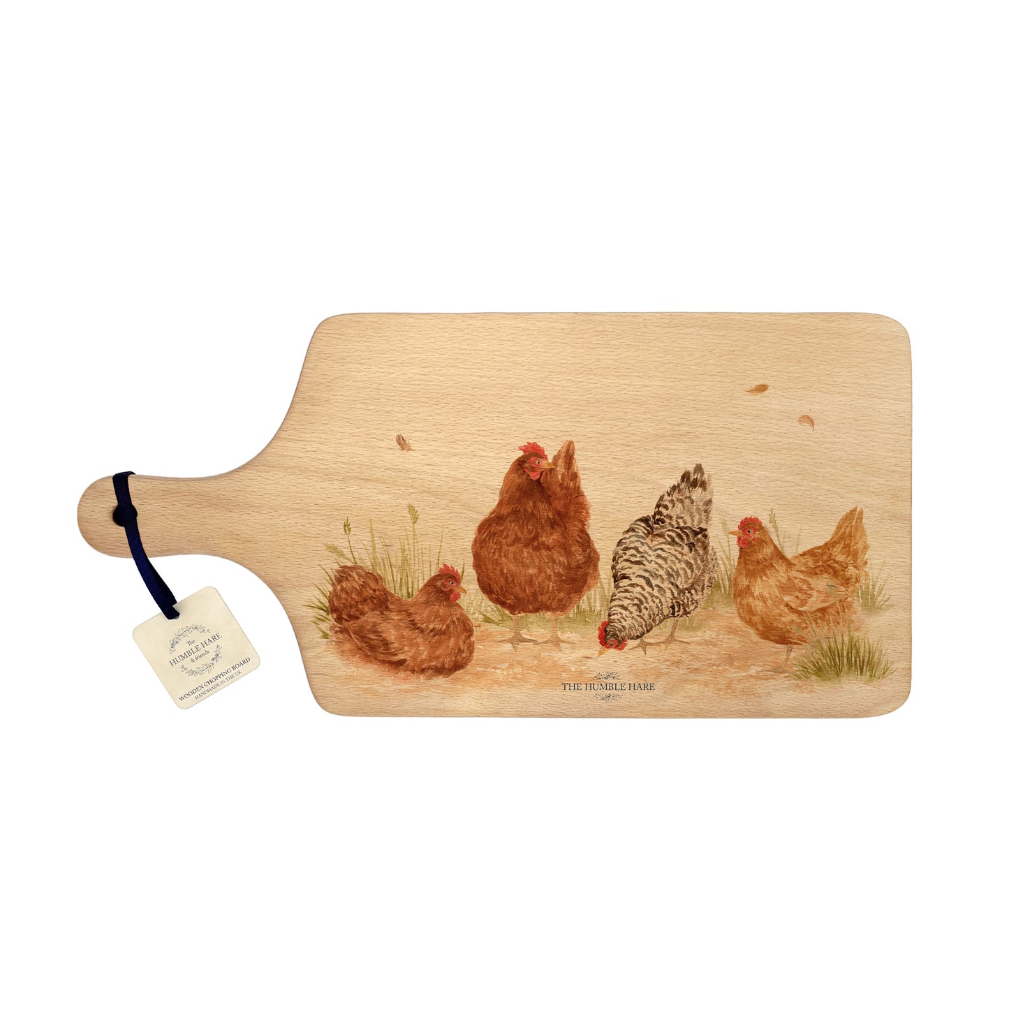 Handmade paddle board in Beech wood, featuring a water colour Hen design with a hand tied luxury blue ribbon. perfect chopping board, charcuterie board, serving board and chopping board.