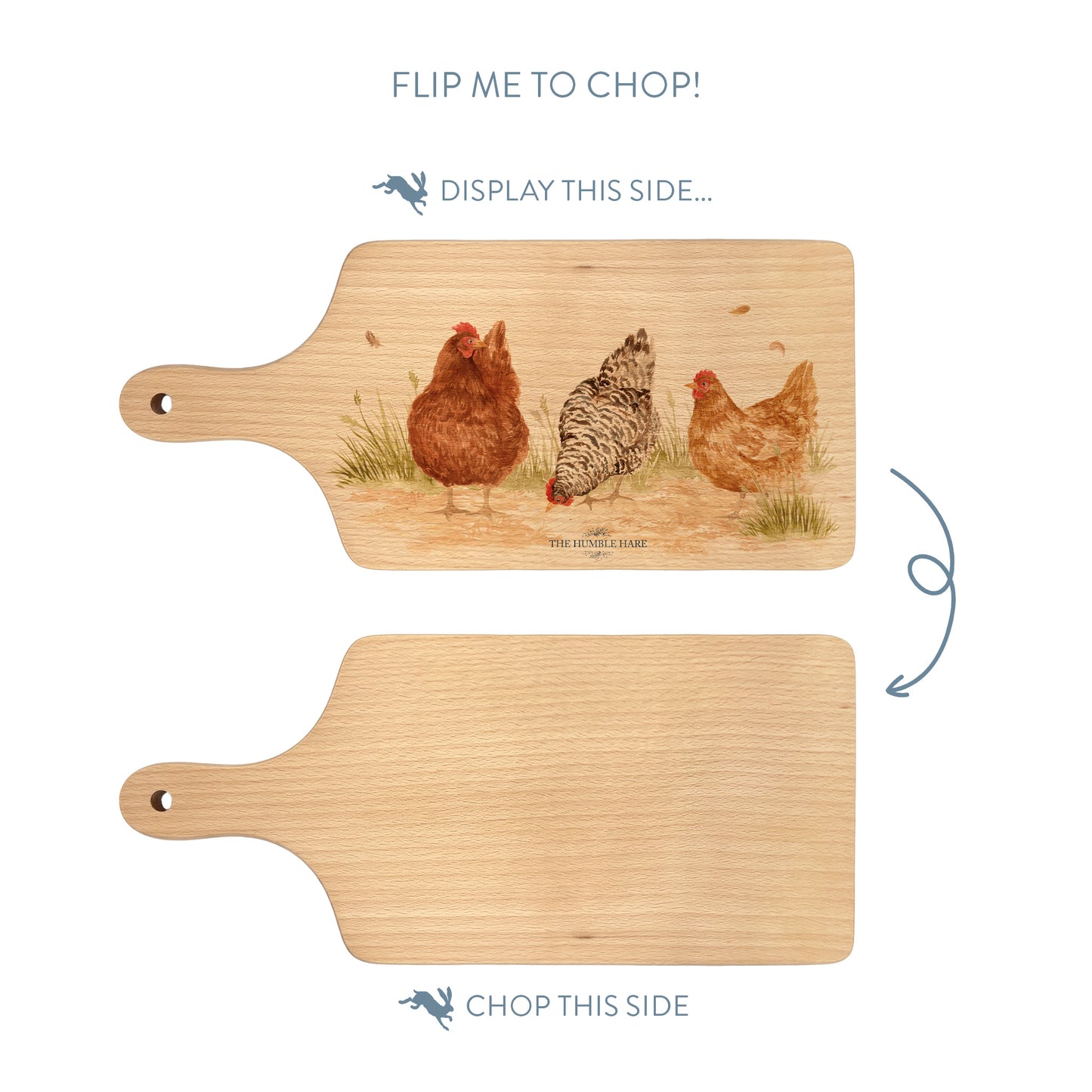Handmade paddle board in Beech wood, featuring a water colour Hen design with a hand tied luxury blue ribbon. perfect chopping board, charcuterie board, serving board and chopping board.