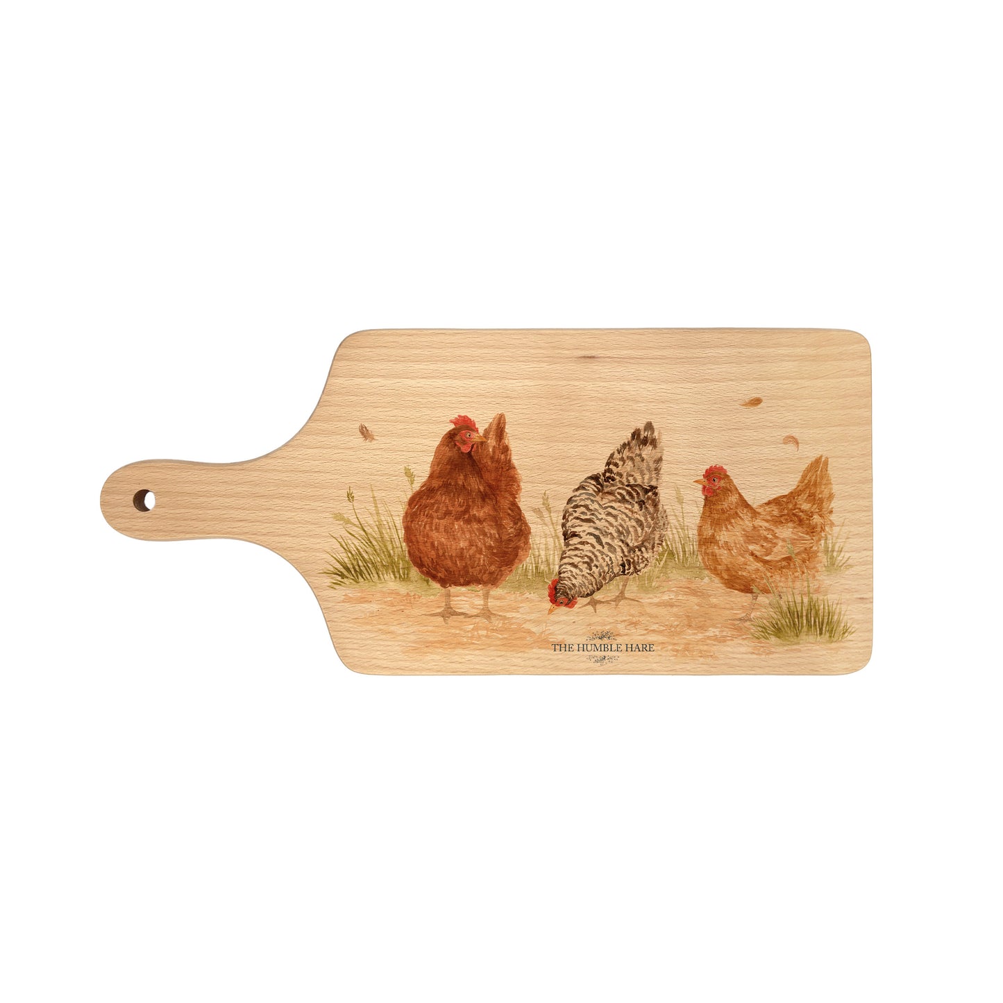 Handmade paddle board in Beech wood, featuring a water colour Hen design with a hand tied luxury blue ribbon. perfect chopping board, charcuterie board, serving board and chopping board.
