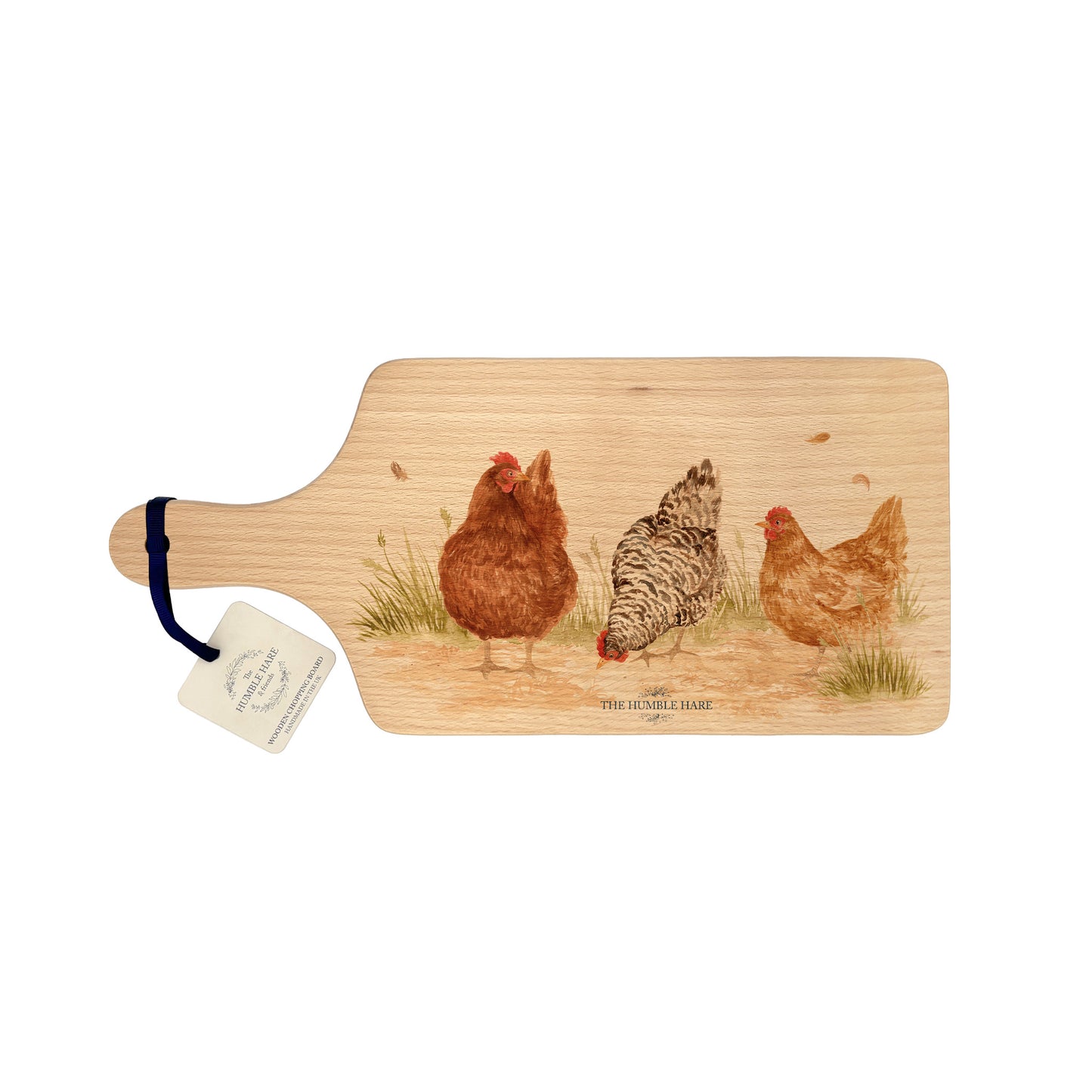Handmade paddle board in Beech wood, featuring a water colour Hen design with a hand tied luxury blue ribbon. perfect chopping board, charcuterie board, serving board and chopping board.