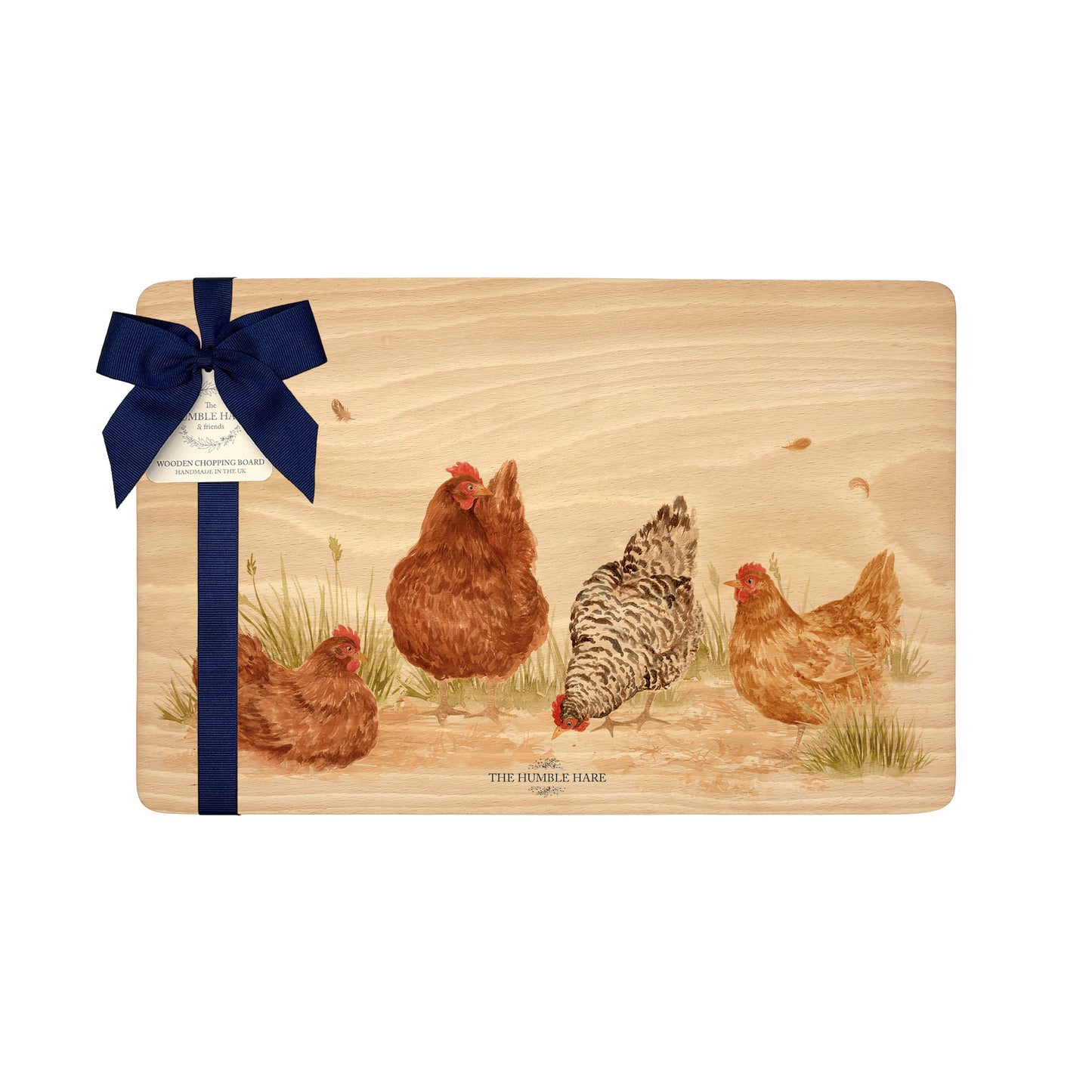 Handmade rectangular chopping board featuring a watercolour Stacey Solomon's Hens illustration, finished with blue ribbon.