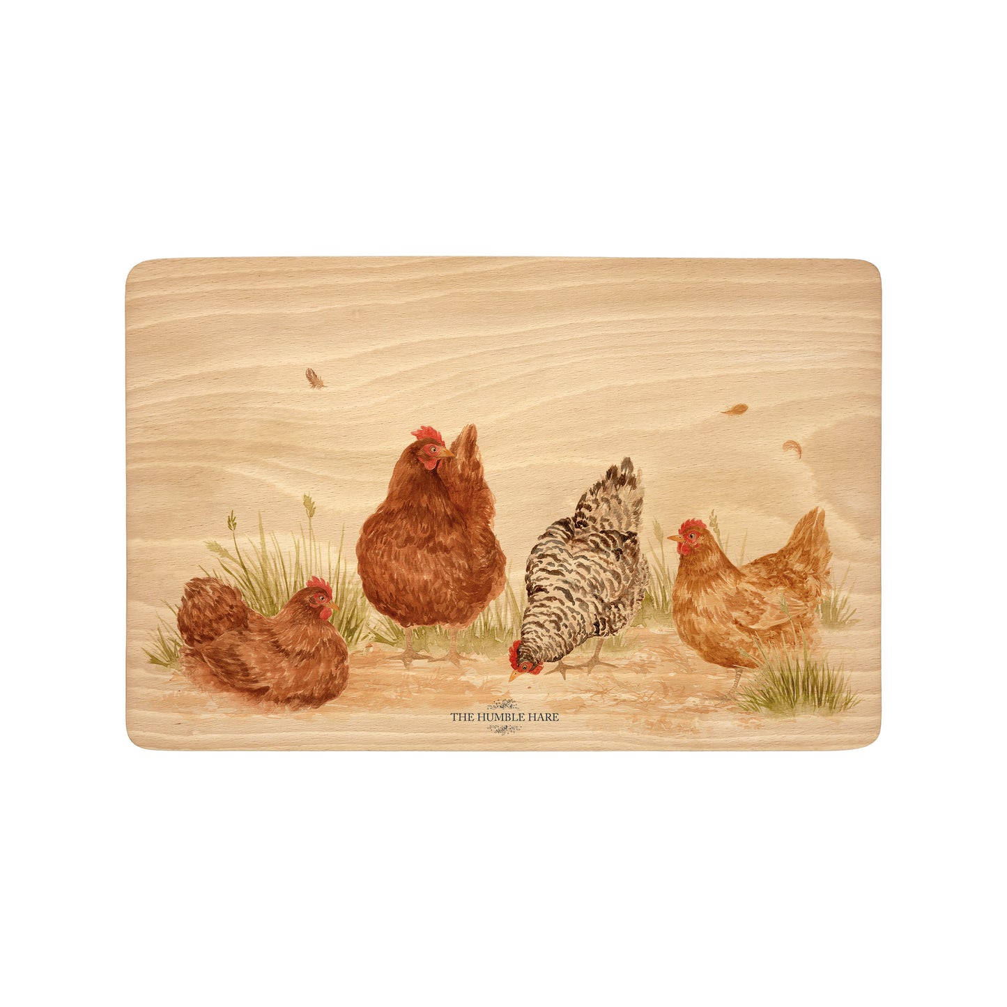 Handmade rectangular chopping board featuring a watercolour Stacey Solomon's Hens illustration, finished with blue ribbon.