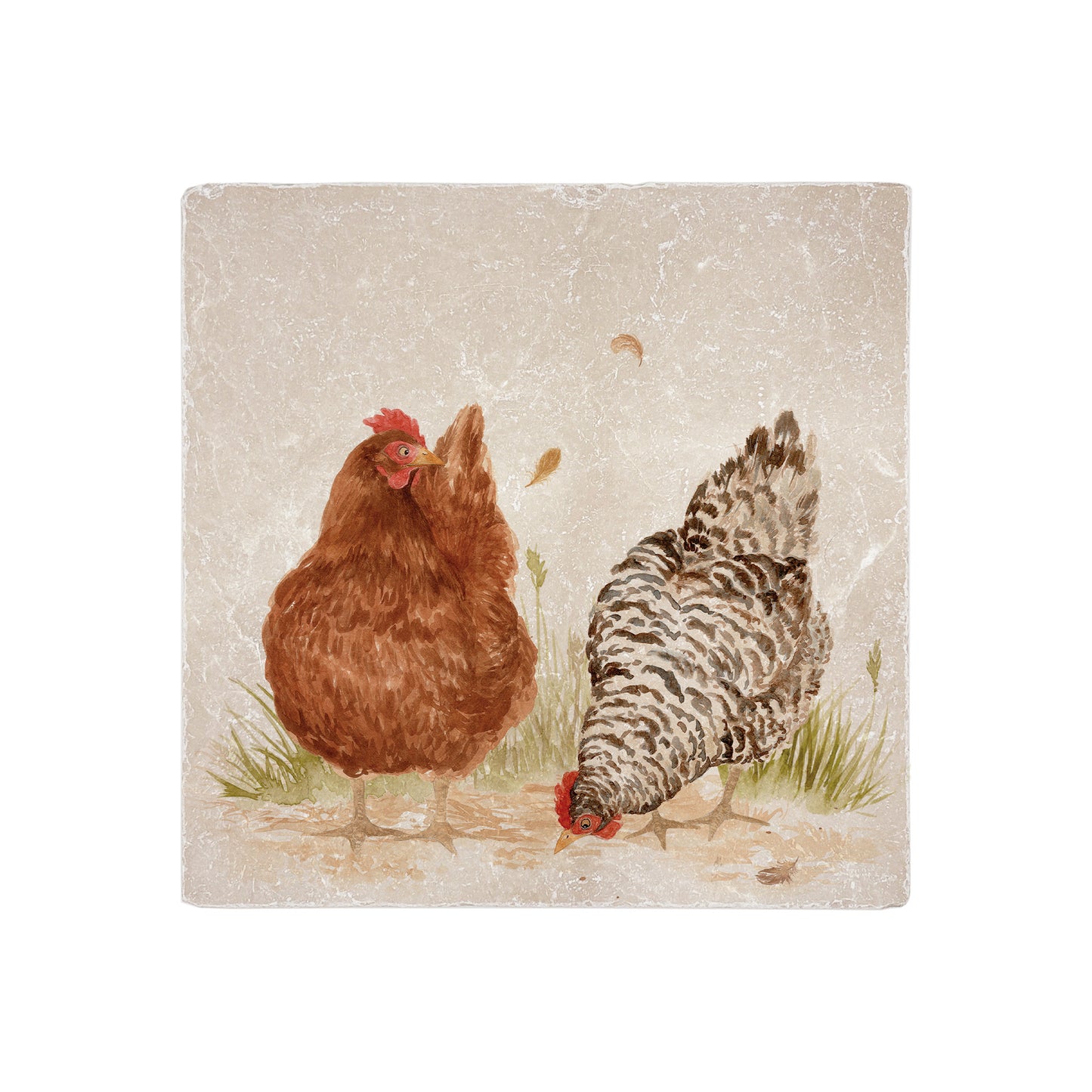 A handmade 20x20cm marble splashback tile featuring a watercolour countryside animal design of farmyard hens.