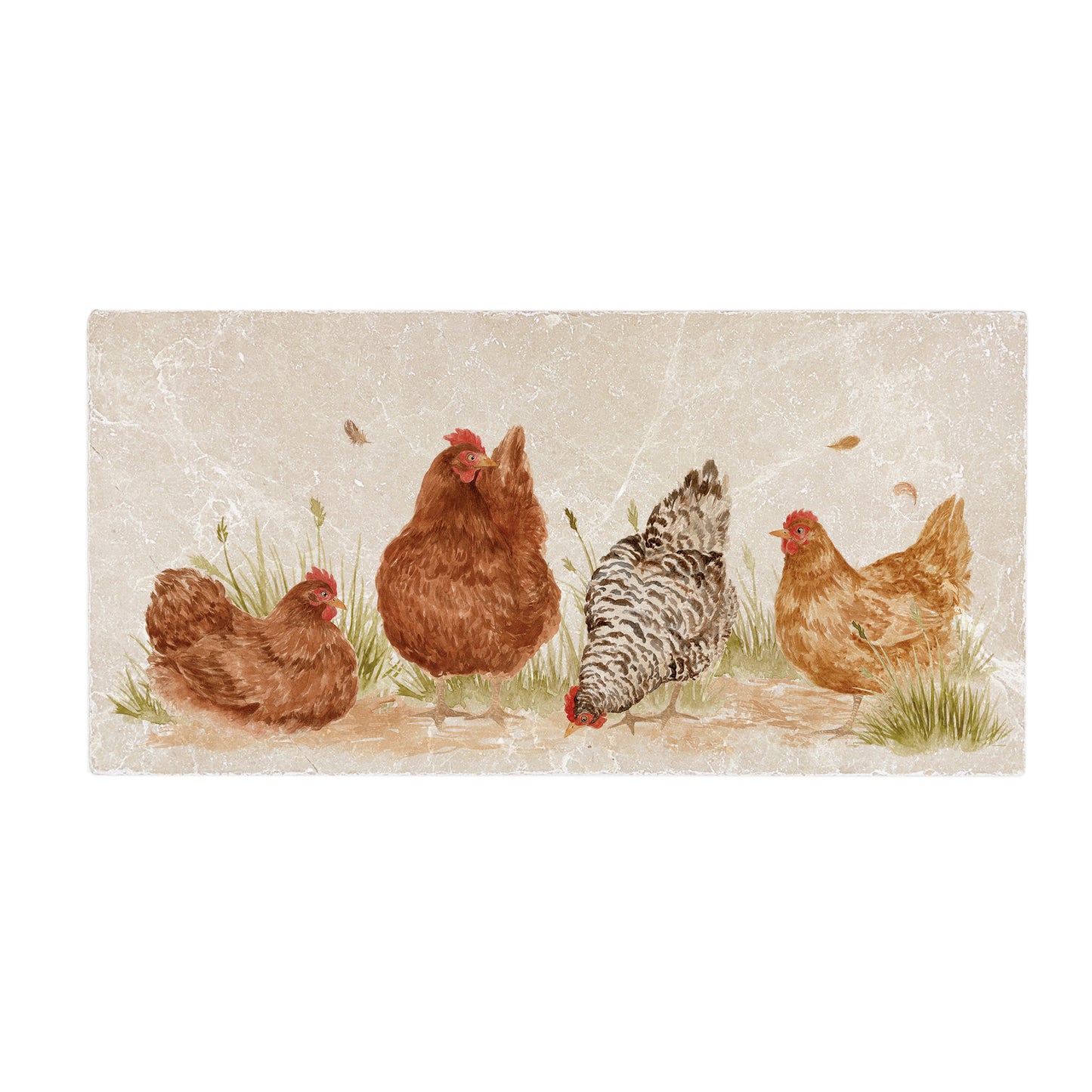 A handmade 20x40cm marble splashback tile featuring a watercolour countryside animal design of farmyard hens.