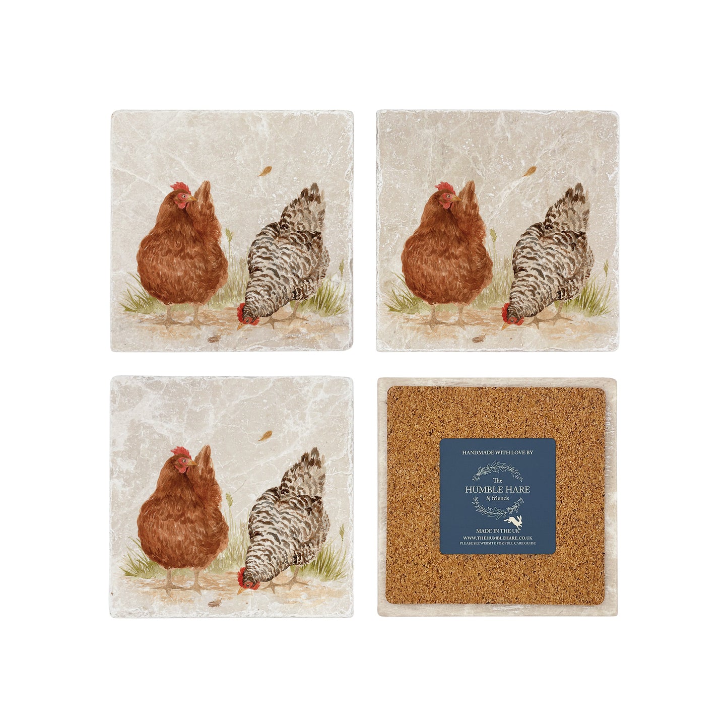 A set of 4 handmade marble coasters, featuring a watercolour hen design. One coaster is flipped to show that the coasters are backed with cork.