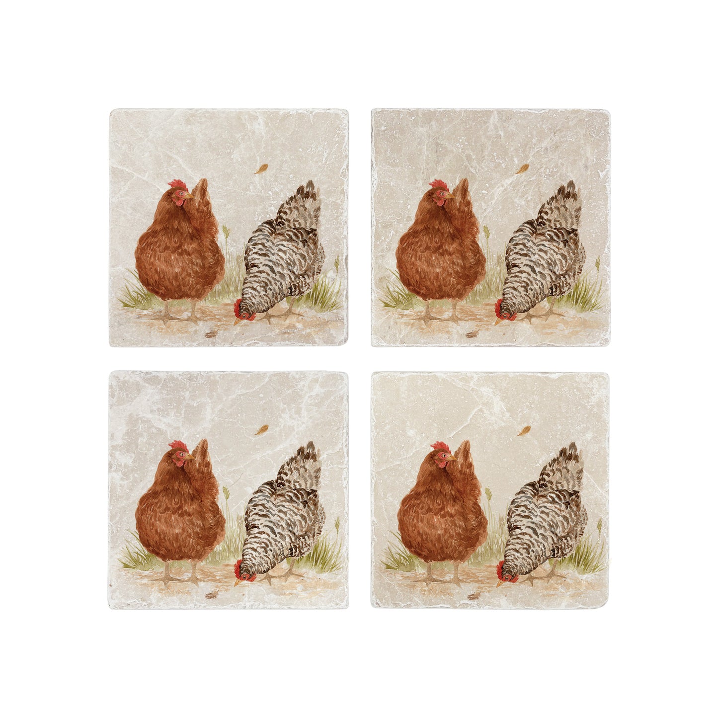 A set of 4 handmade marble coasters featuring watercolour chickens.