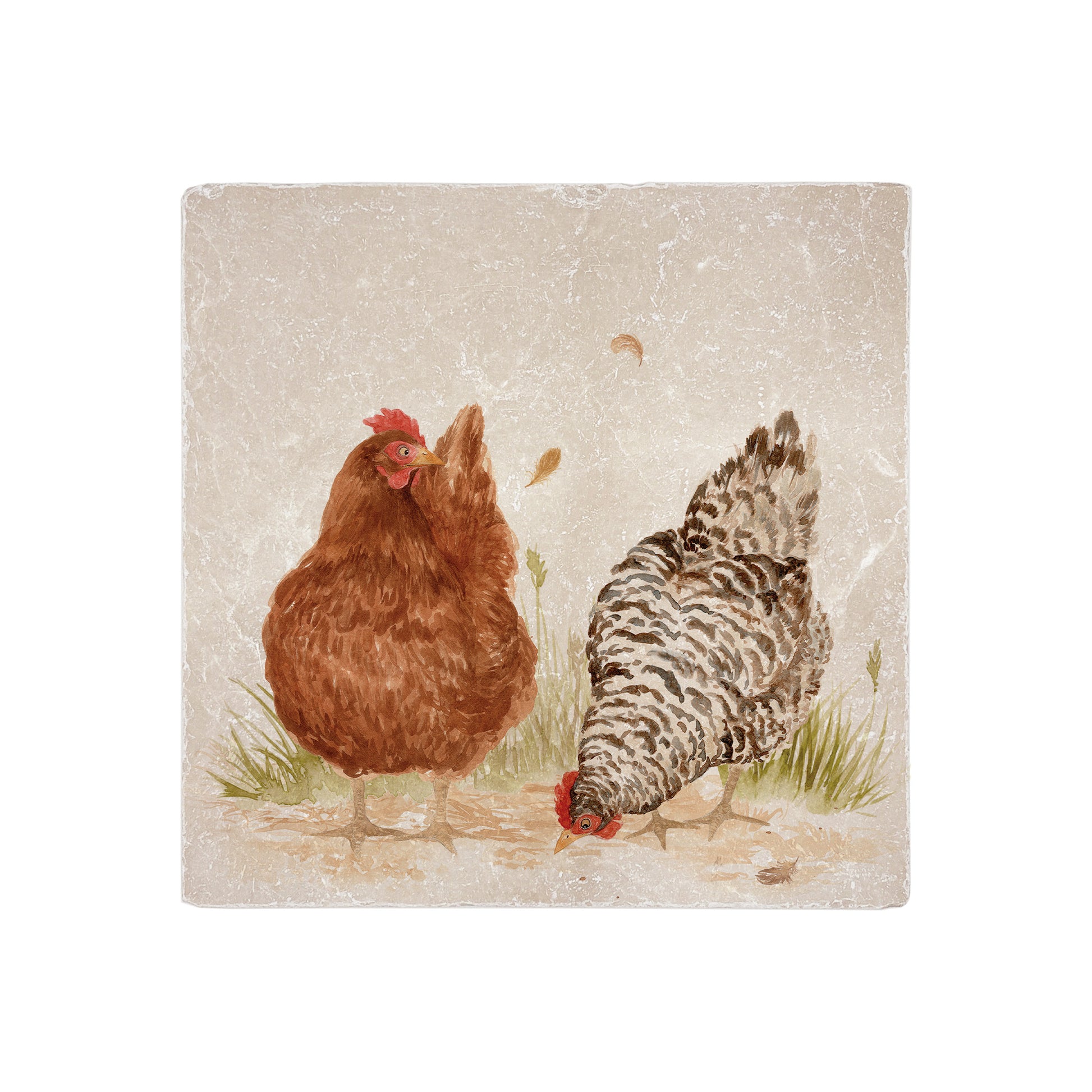 A medium square multipurpose marble platter featuring a watercolour design of two chickens.