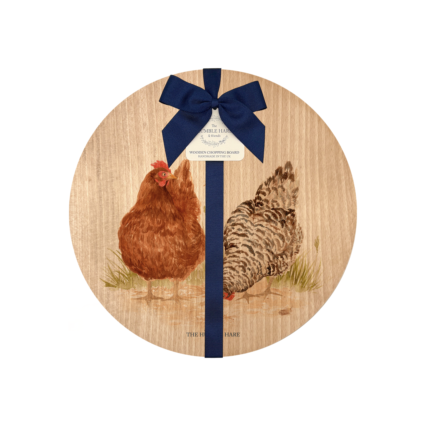 Decorative round Beech chopping board with Hens artwork and luxury blue ribbon to finish.
