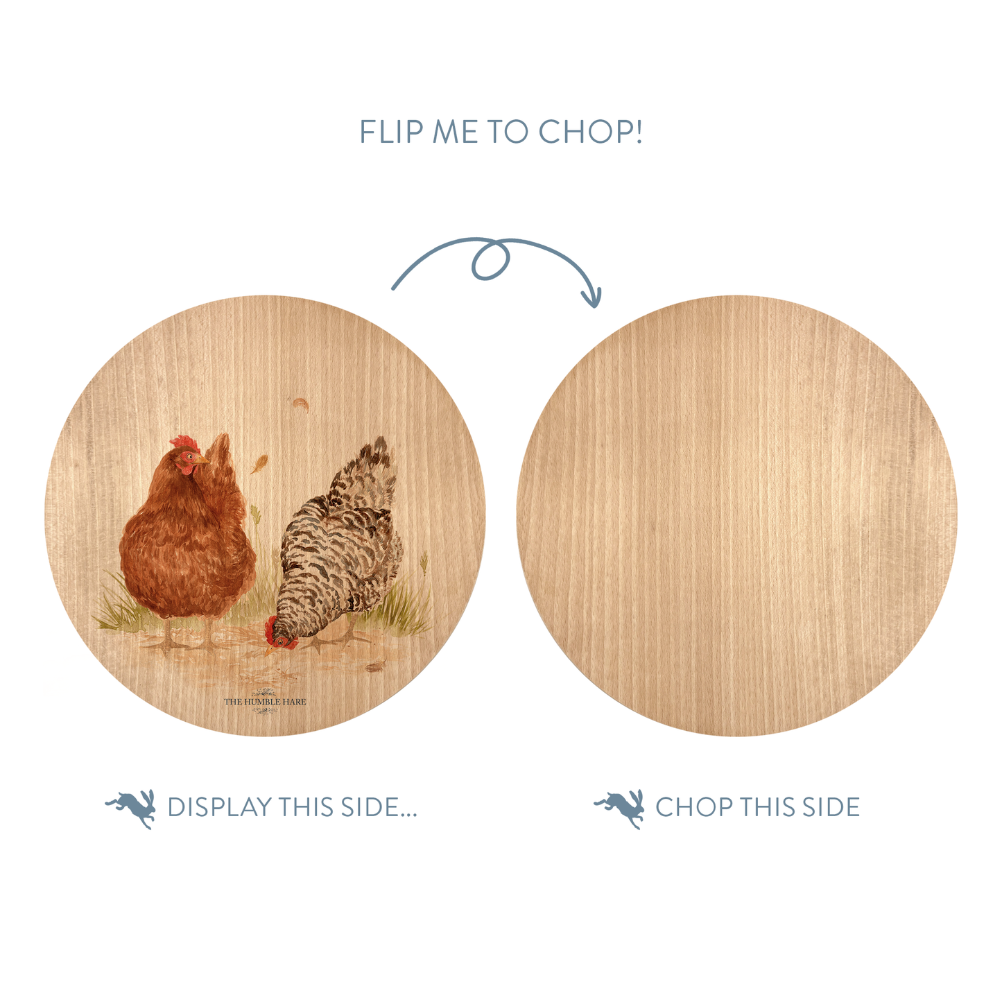 Decorative round Beech chopping board with Hens artwork and luxury blue ribbon to finish.