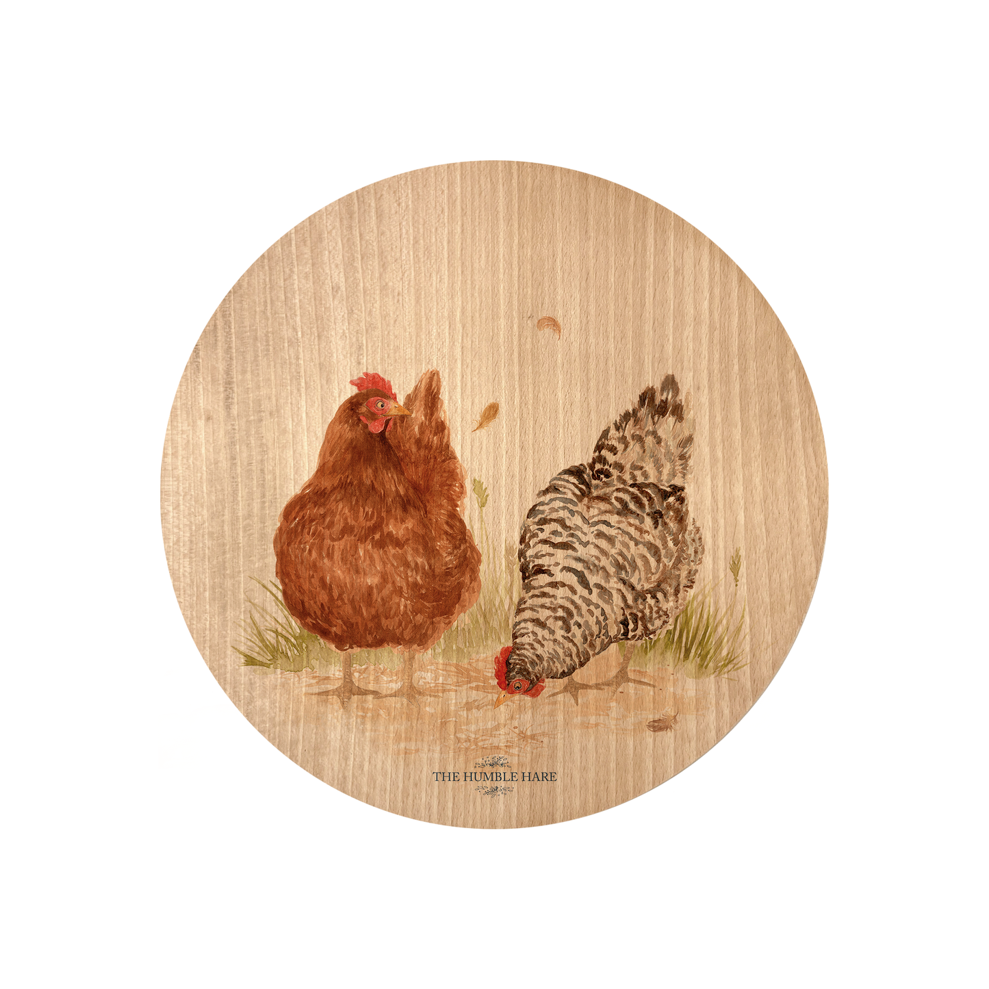 Decorative round Beech chopping board with Hens artwork and luxury blue ribbon to finish.