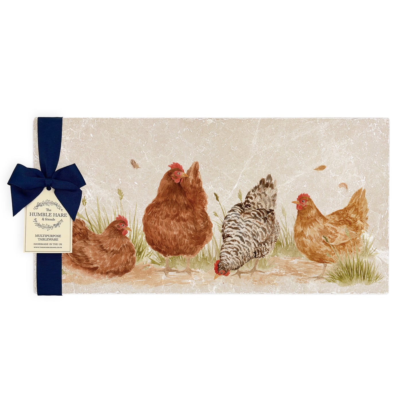 A multipurpose marble sharing platter with a watercolour design featuring four hens, packaged with a luxurious dark blue bow and branded gift tag.