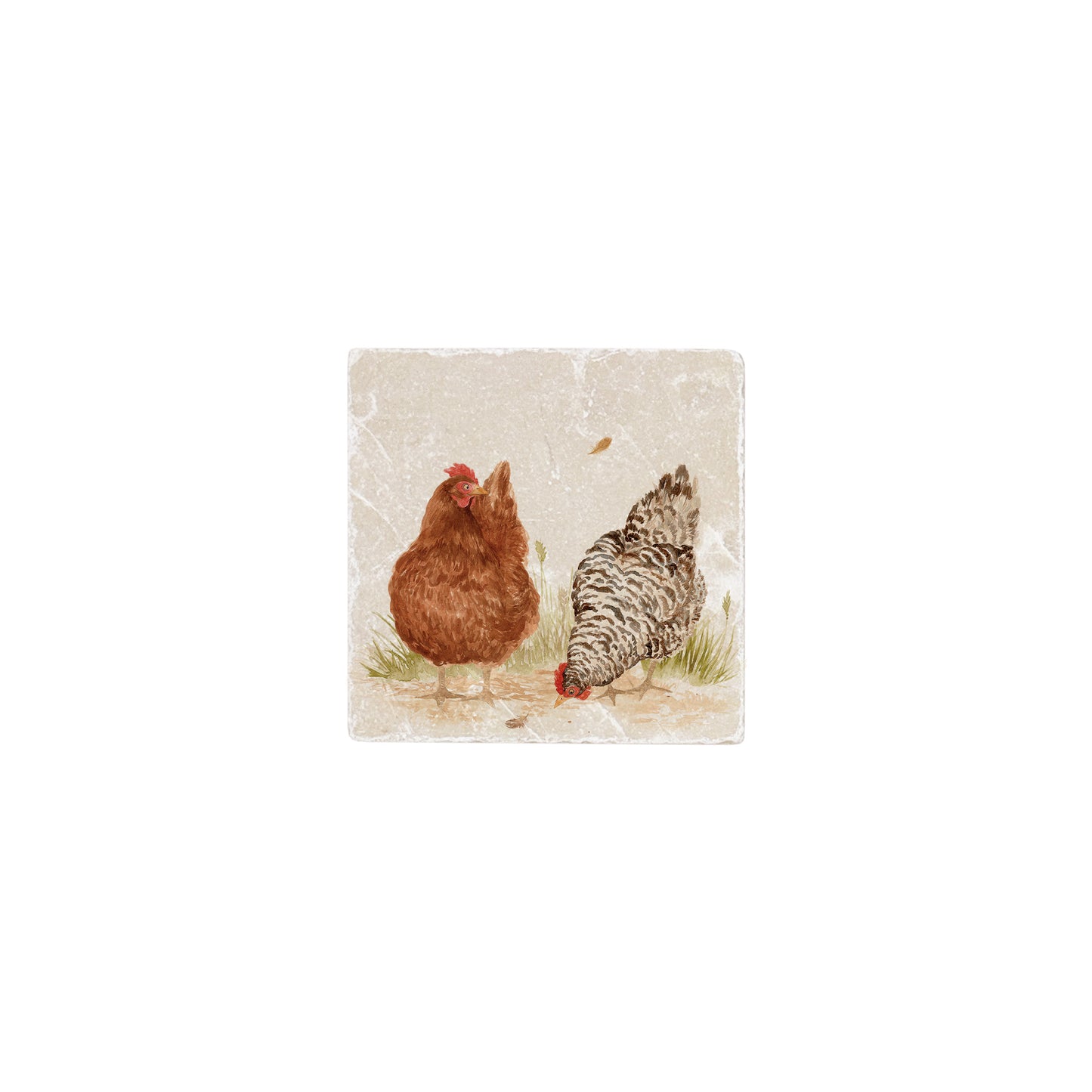 A marble kitchen tile featuring a watercolour design of two hens in a farmyard.