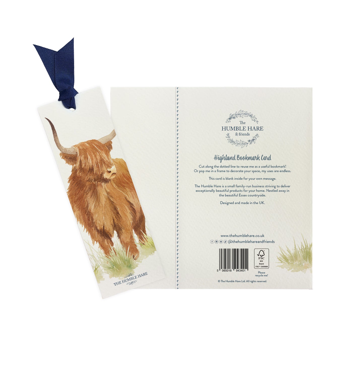 The back of a greetings card showing that it can be reused as a bookmark featuring a highland cow in a watercolour style.